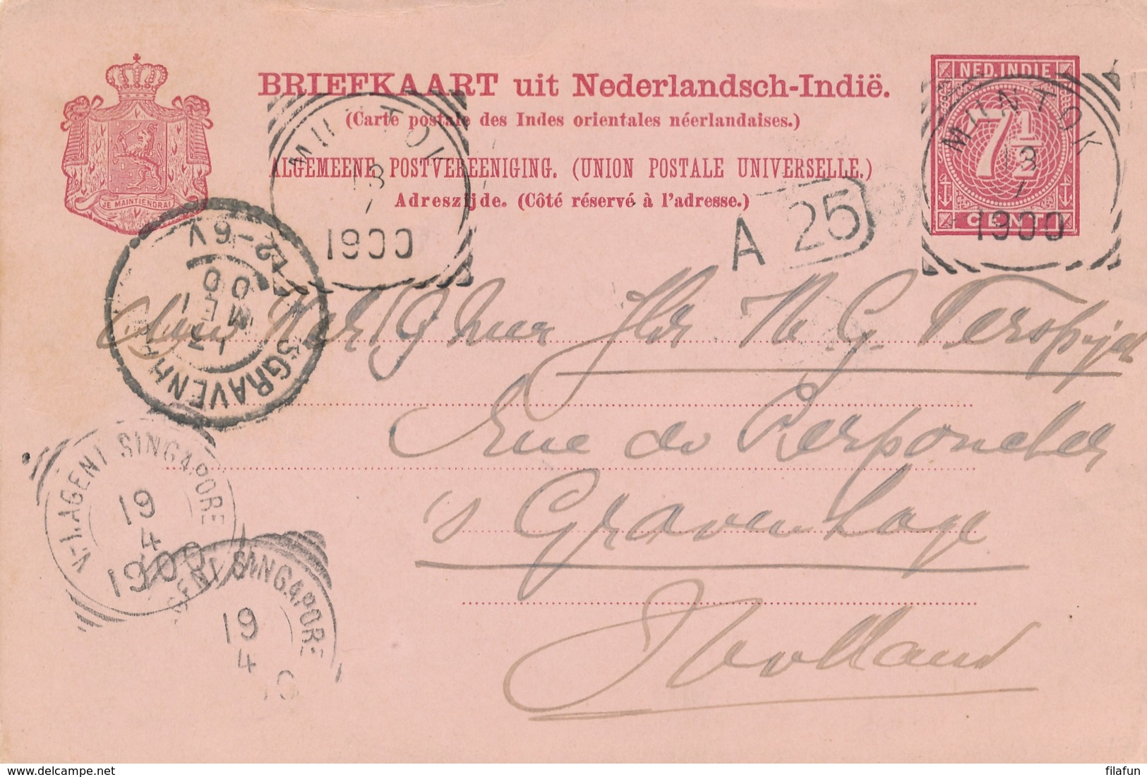 Nederlands Indië - 1900 - 7,5 Cent Cijfer, Briefkaart G12 Van VK MUNTOK Via VK NI Agent Singapore Naar Den Haag / NL - Indes Néerlandaises