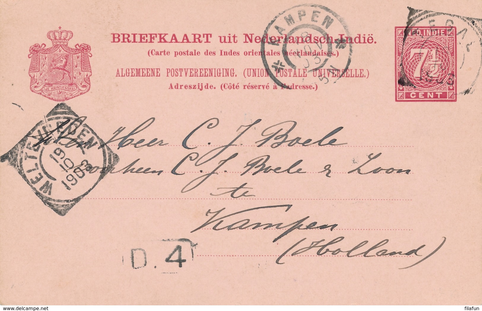 Nederlands Indië - 1903 - 7,5 Cent Cijfer, Briefkaart G12 Van VK TEGAL Via Weltevreden Naar GR Kampen / Nederland - Netherlands Indies