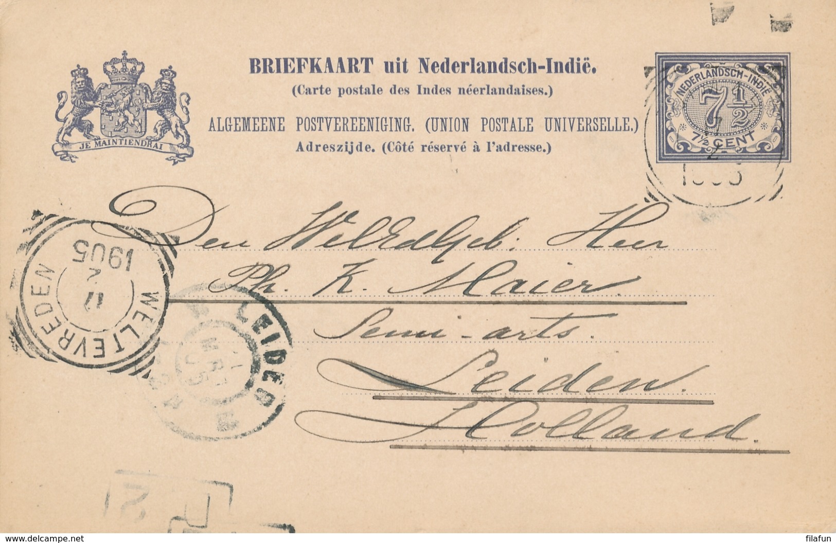 Nederlands Indië - 1905 - 7,5 Cent Vürtheim, Briefkaart G16 Van VK TJIMAHI Via Weltevreden Naar GR Leiden / Nederland - Nederlands-Indië