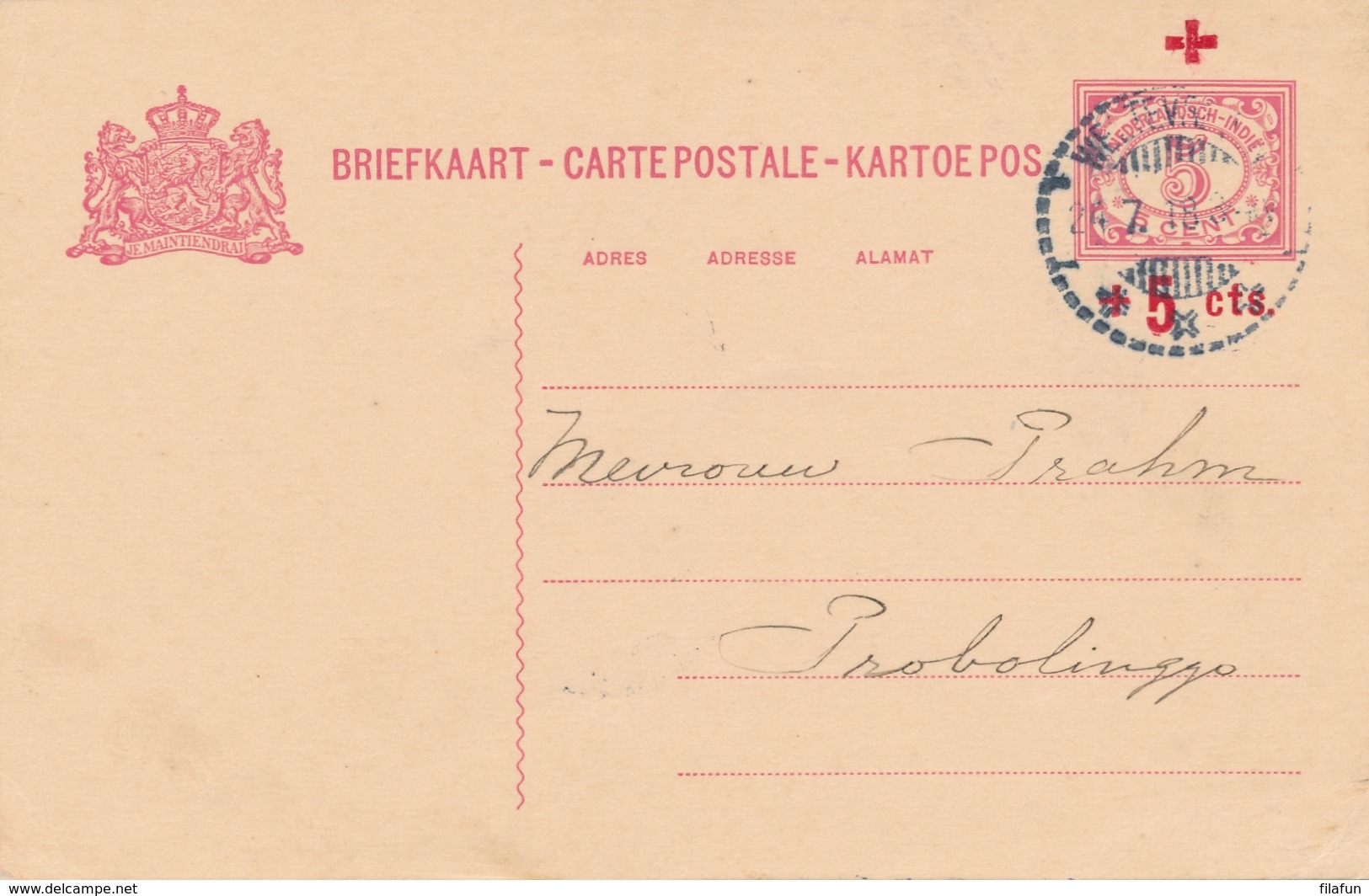 Nederlands Indië - 1918 - 5+5 Cent Rode Kruis, Briefkaart G25 Van Weltevreden Naar Probolinggo - India Holandeses