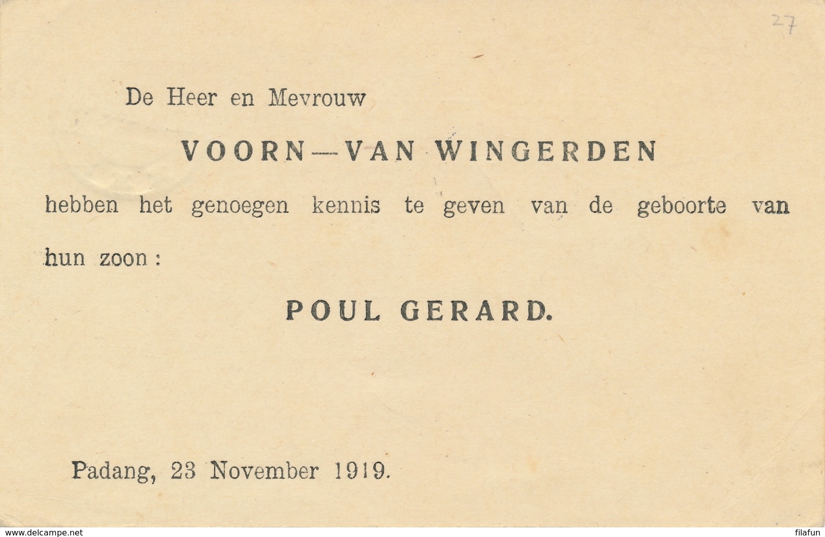 Nederlands Indië - 1919 - 5 Cent Vürtheim II, Briefkaart G27 Particulier Bedrukt - Geboortekaartje - Padang Naar Arnhem - Nederlands-Indië