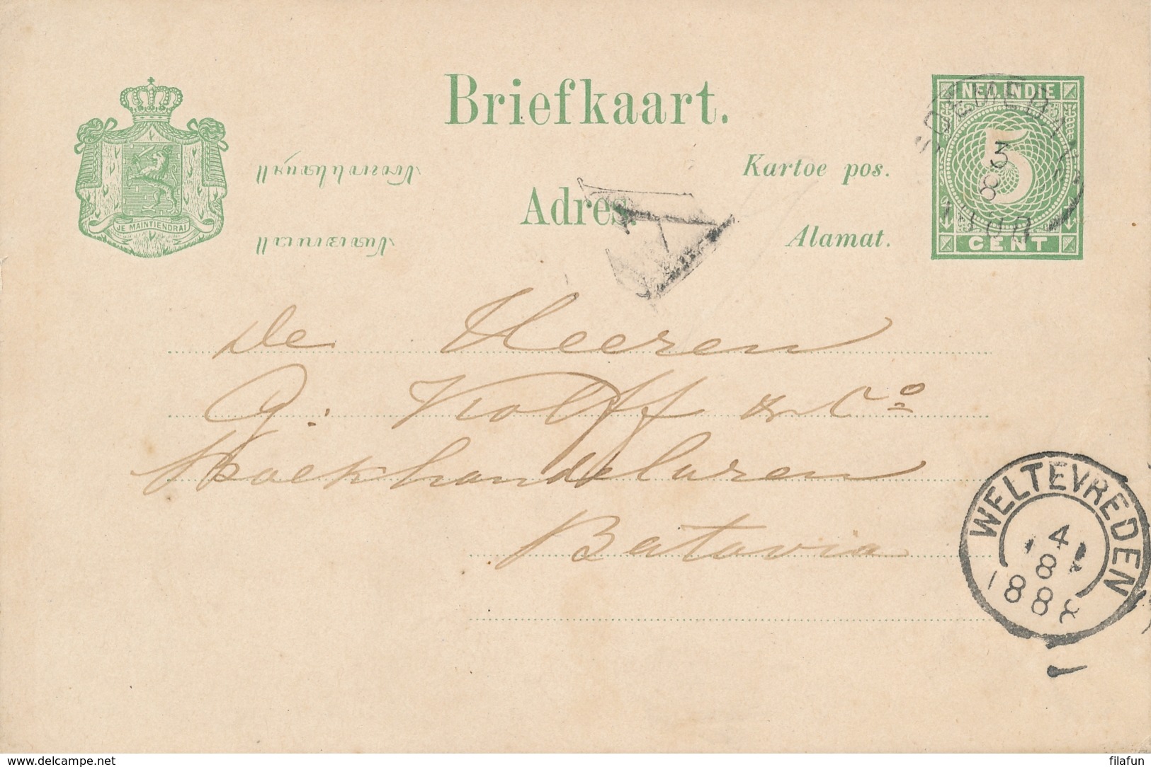 Nederlands Indië - 1888 - 5 Cent Cijfer, Briefkaart G8 Van KR SOEMEDANG Naar Batavia - Nederlands-Indië