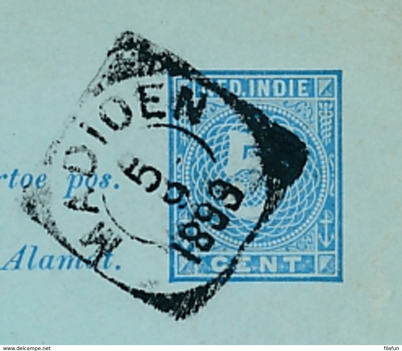 Nederlands Indië - 1899 - 2,5 Cent Cijfer Op 5 Cent Cijfer, Briefkaart G10 Van VK MADIOEN Via Maos Naar Paris / France - Nederlands-Indië