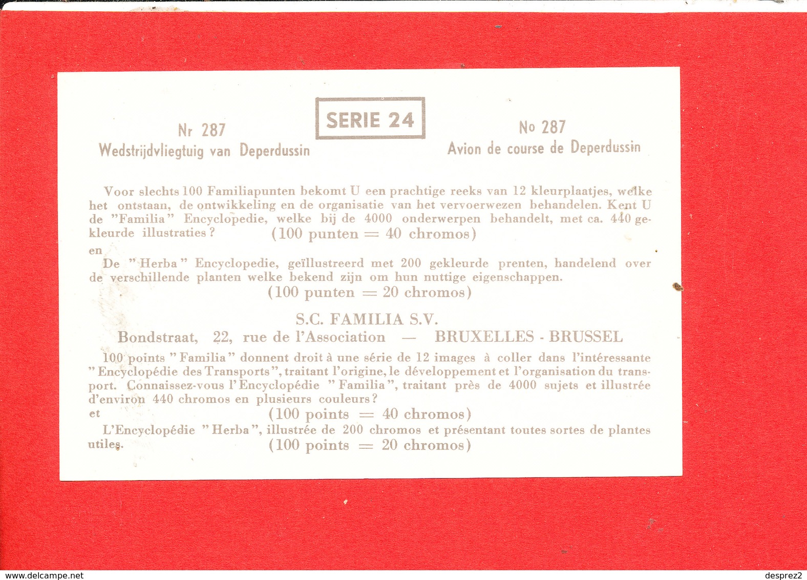 AVION De Course De Deperdussin N° 287      *  Serie 24 * Format 13 Cm X 8.5 Cm - 1939-1945: 2ème Guerre