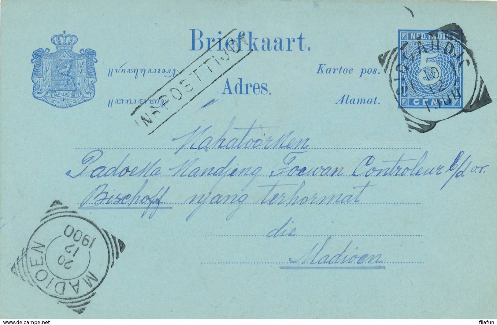 Nederlands Indië - 1900 - 5 Cent Cijfer, Briefkaart G10 Van VK SIDOARDJO - Na Posttijd - Naar VK MADIOEN - Nederlands-Indië