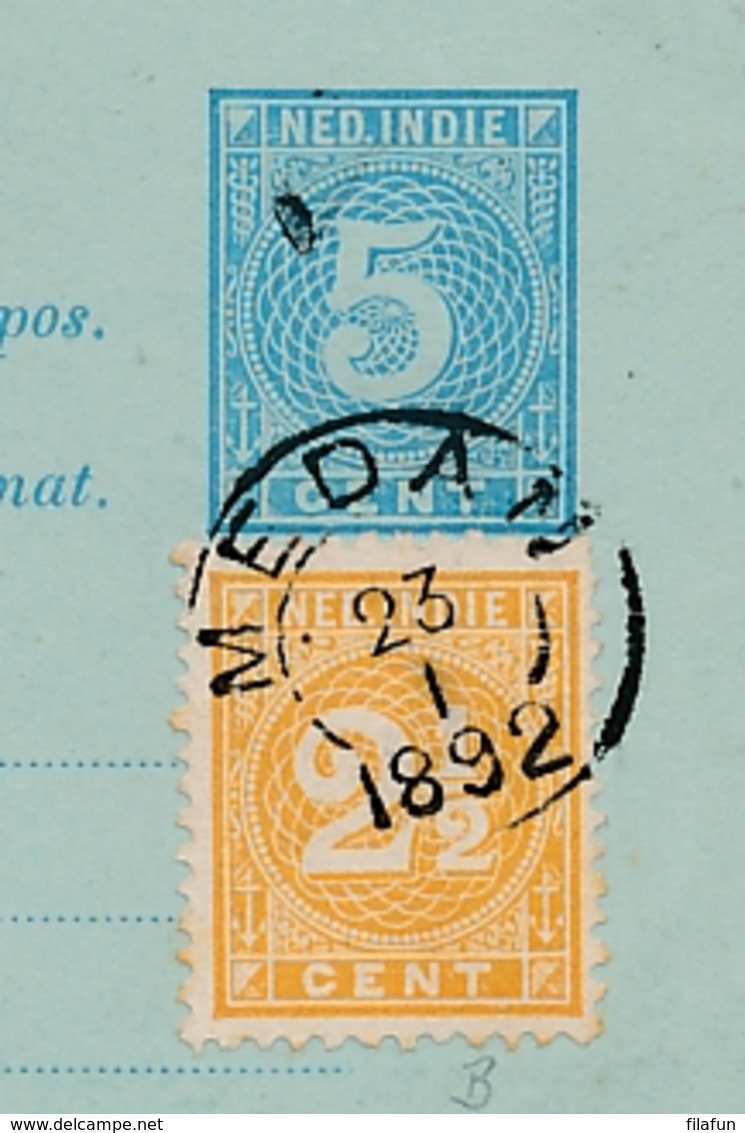 Nederlands Indië - 1892 - 2,5 Cent Cijfer T11,5:12 Op Briefkaart Van KR Medan Via Britsche Pakketb En Penang Naar Baden - India Holandeses