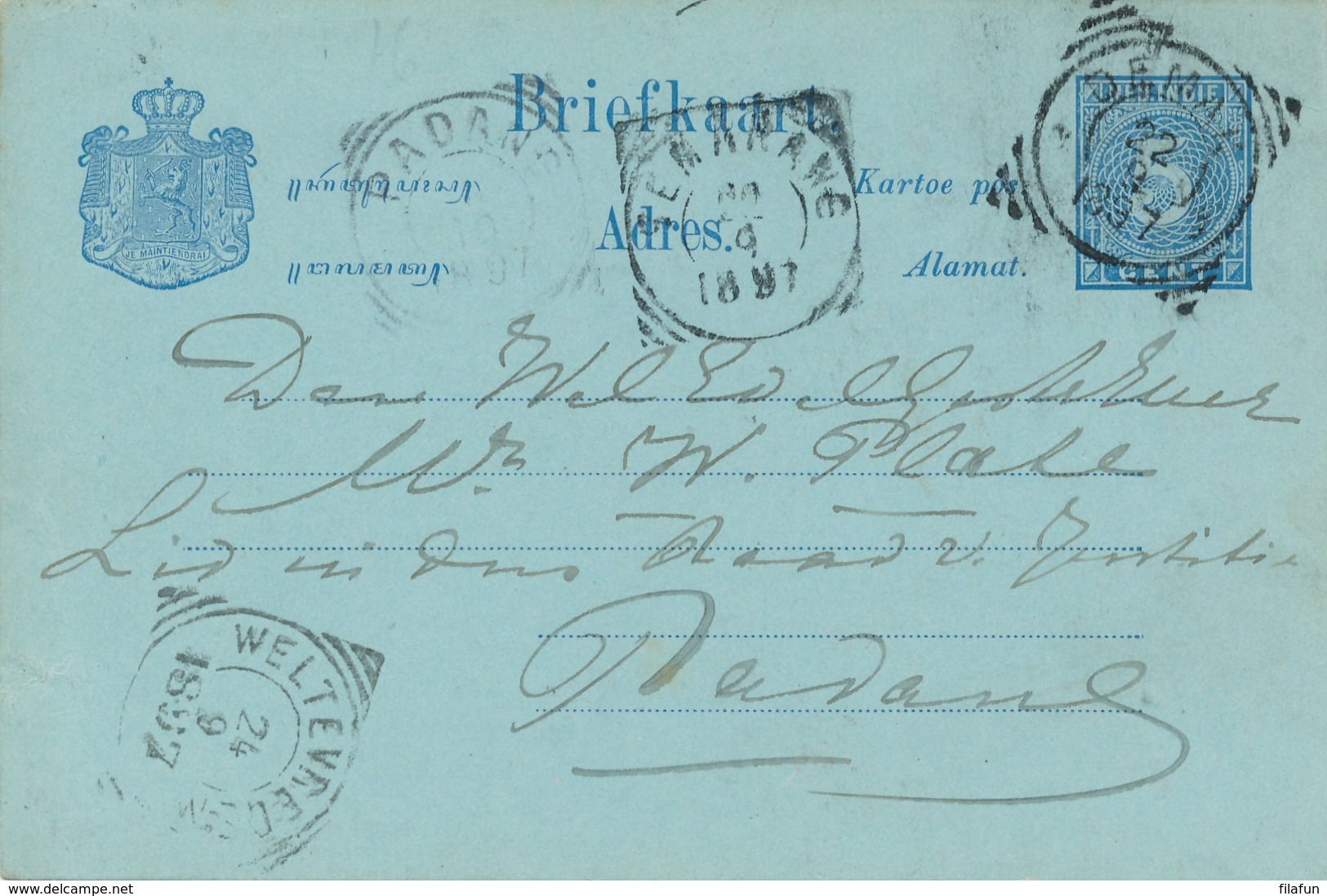 Nederlands Indië - 1897 - 5 Cent Cijfer, Briefkaart G10 Van VK DEMAK Naar VK Padang - Indes Néerlandaises