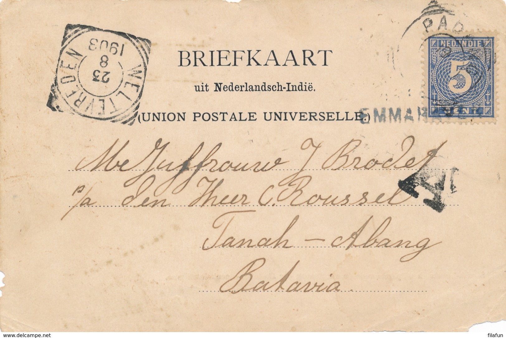 Nederlands Indië - 1903 - 5 Cent Cijfer Op Briefkaartfront Van L EMMAHAVEN Via Padang Naar Batavia - Front Only - Niederländisch-Indien