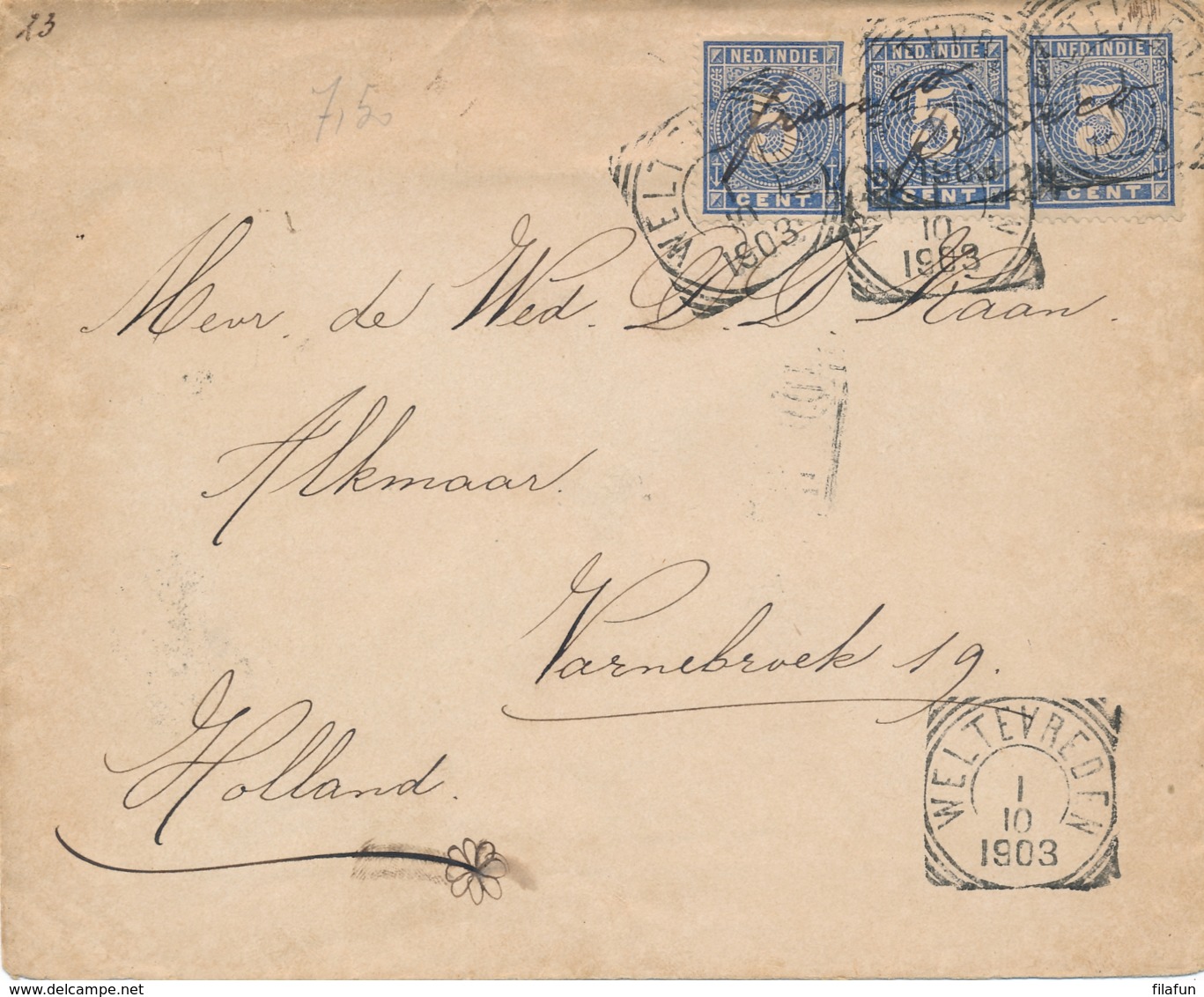 Nederlands Indië - 1903 - 3x 5 Cent Cijfer Op Cover Van VK Weltevreden Naar Alkmaar / Nederland - Nederlands-Indië