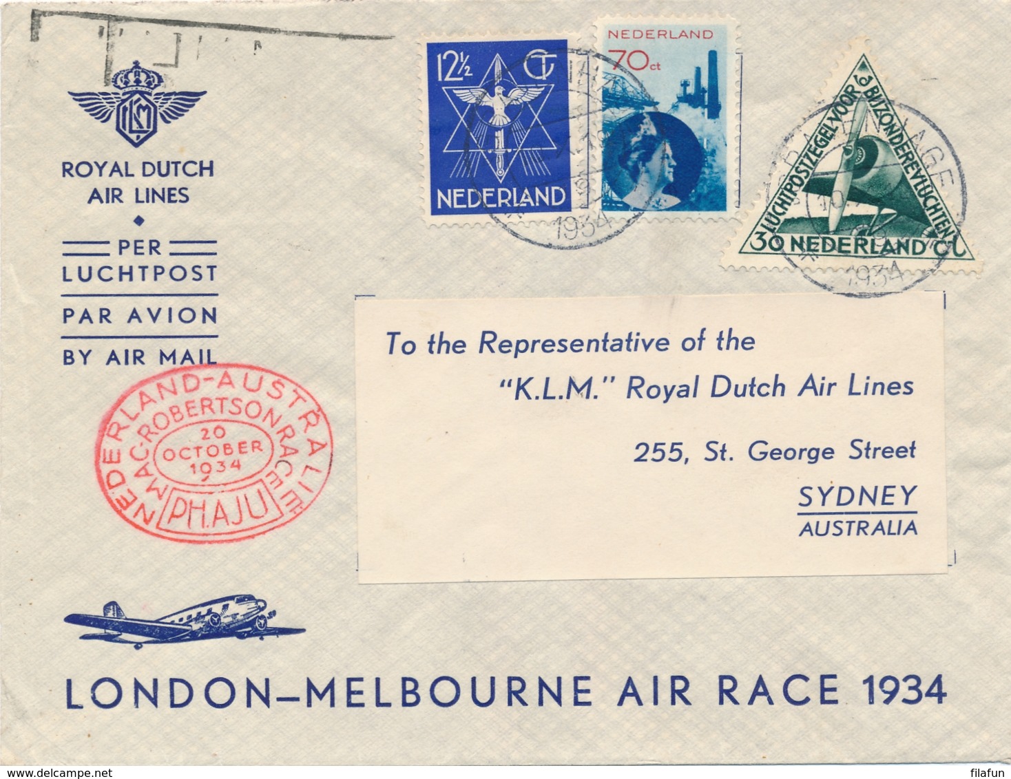 Nederlands Indië - 1934 - London-Melbourne Air Race Cover Van Den Haag Naar Sydney - Indes Néerlandaises