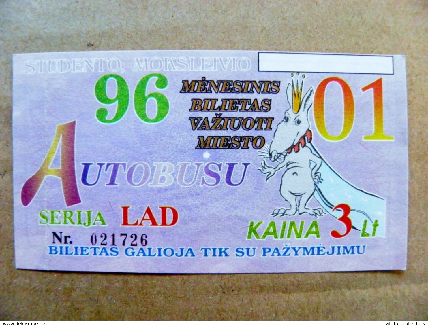 Old Transport Ticket From Lithuania Bus Monthly Ticket Kaunas City 1996 January Animal Rat - Europe