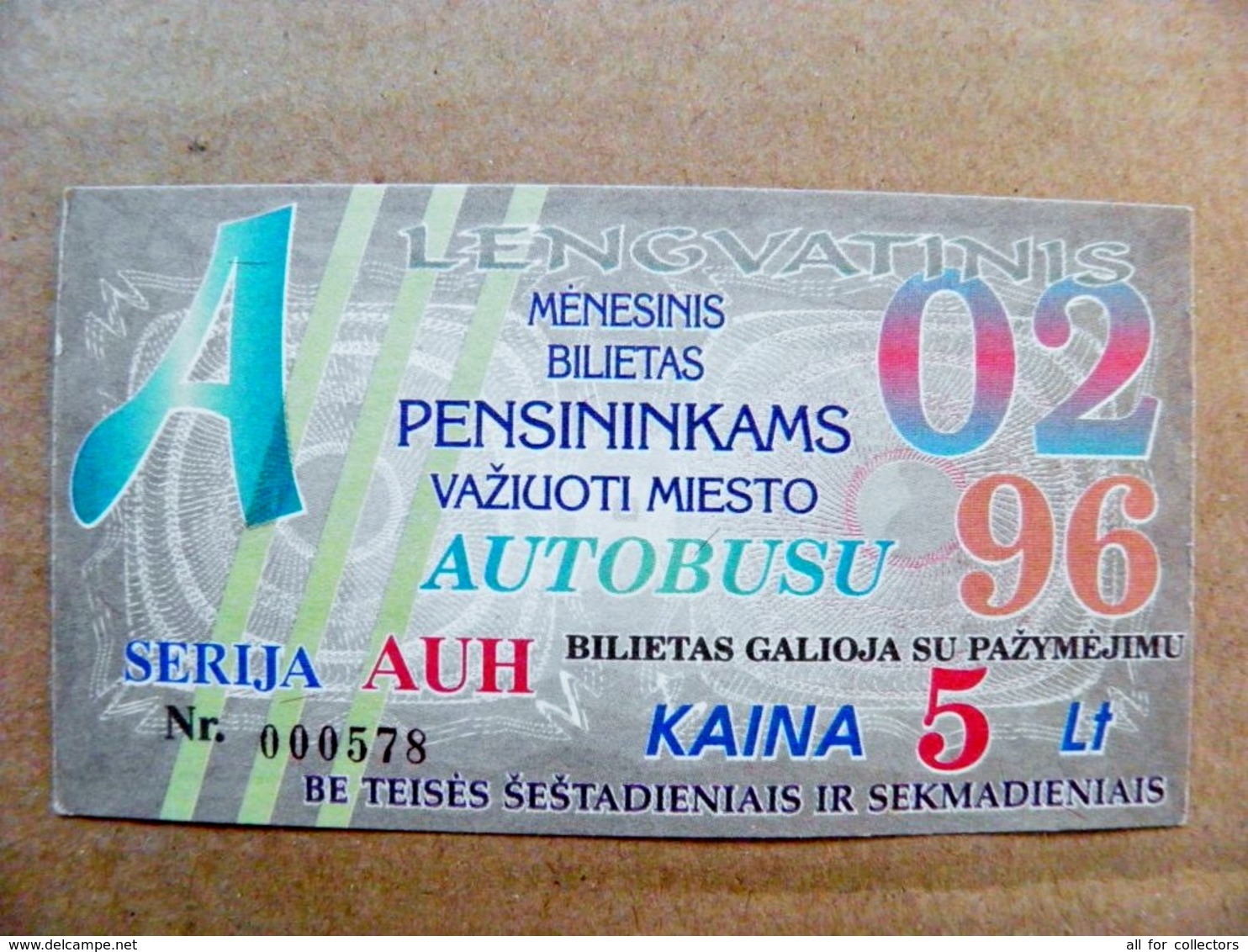 Old Transport Ticket From Lithuania Bus Monthly Ticket Kaunas City 1996 February - Europe