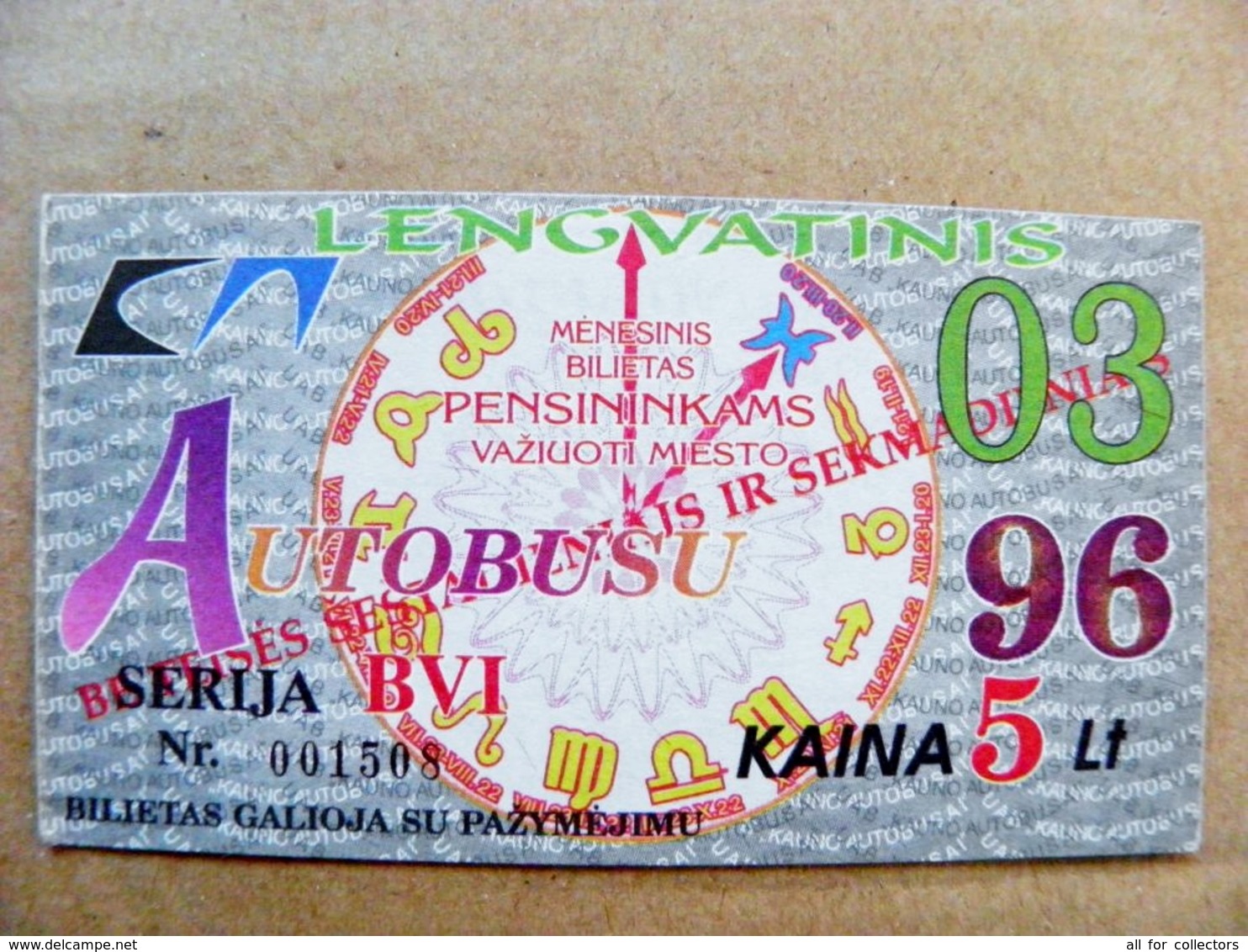 Old Transport Ticket From Lithuania Bus Monthly Ticket Kaunas City 1996 March Astrology Signs Zodiac - Europe