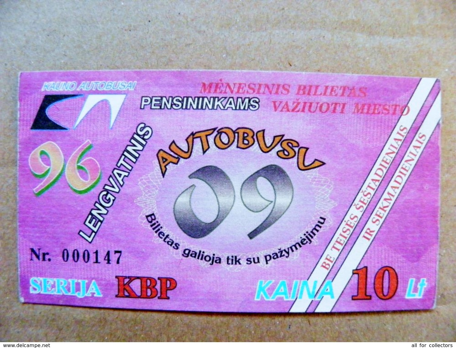 Old Transport Ticket From Lithuania Bus Monthly Ticket Kaunas City 1996 September - Europe