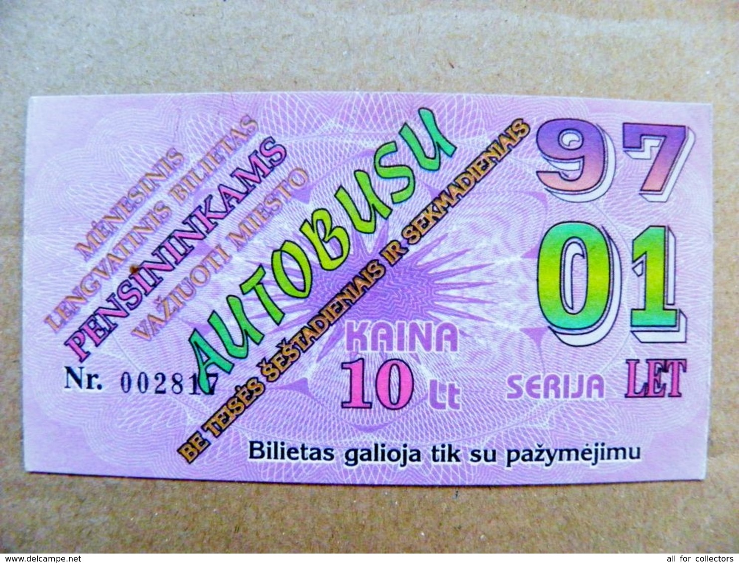 Old Transport Ticket From Lithuania Bus Monthly Ticket Kaunas City 1997 January - Europe