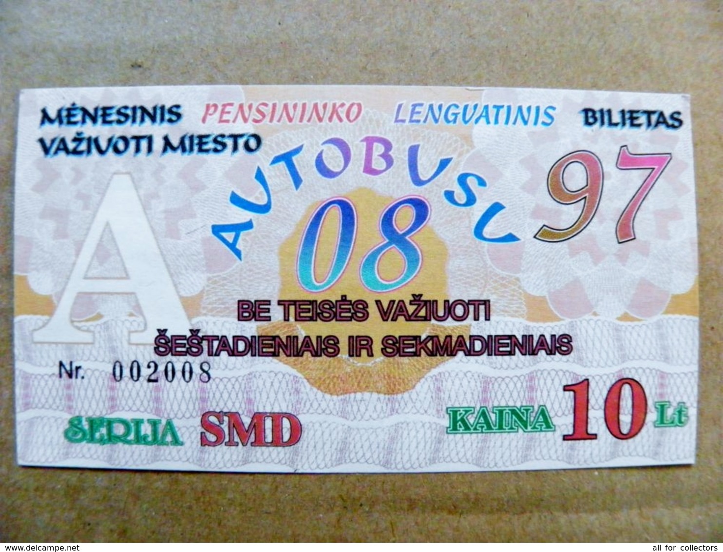 Old Transport Ticket From Lithuania Bus Monthly Ticket Kaunas City 1997 August - Europe