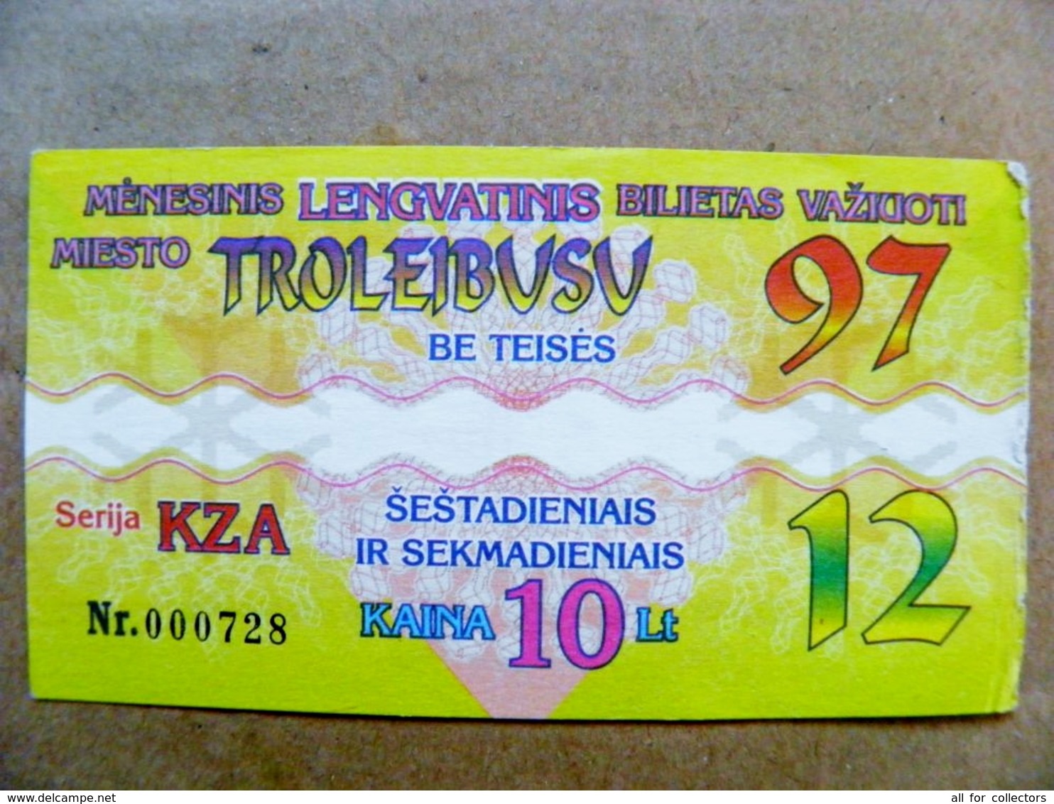 Old Transport Ticket From Lithuania Bus Monthly Ticket Kaunas City 1997 December Trolley - Europe