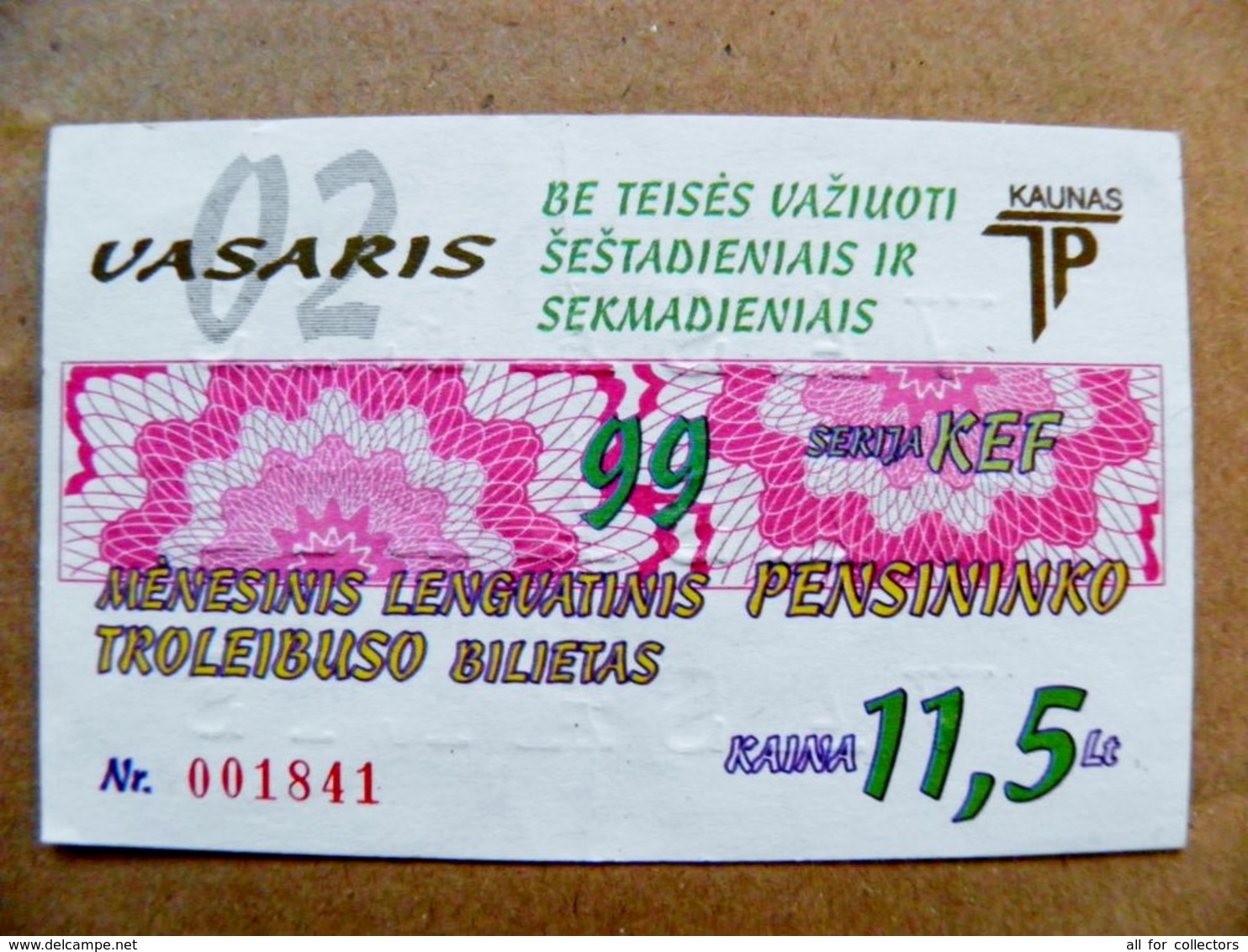 Old Transport Ticket From Lithuania Bus Monthly Ticket Kaunas City 1999 Trolley February - Europe