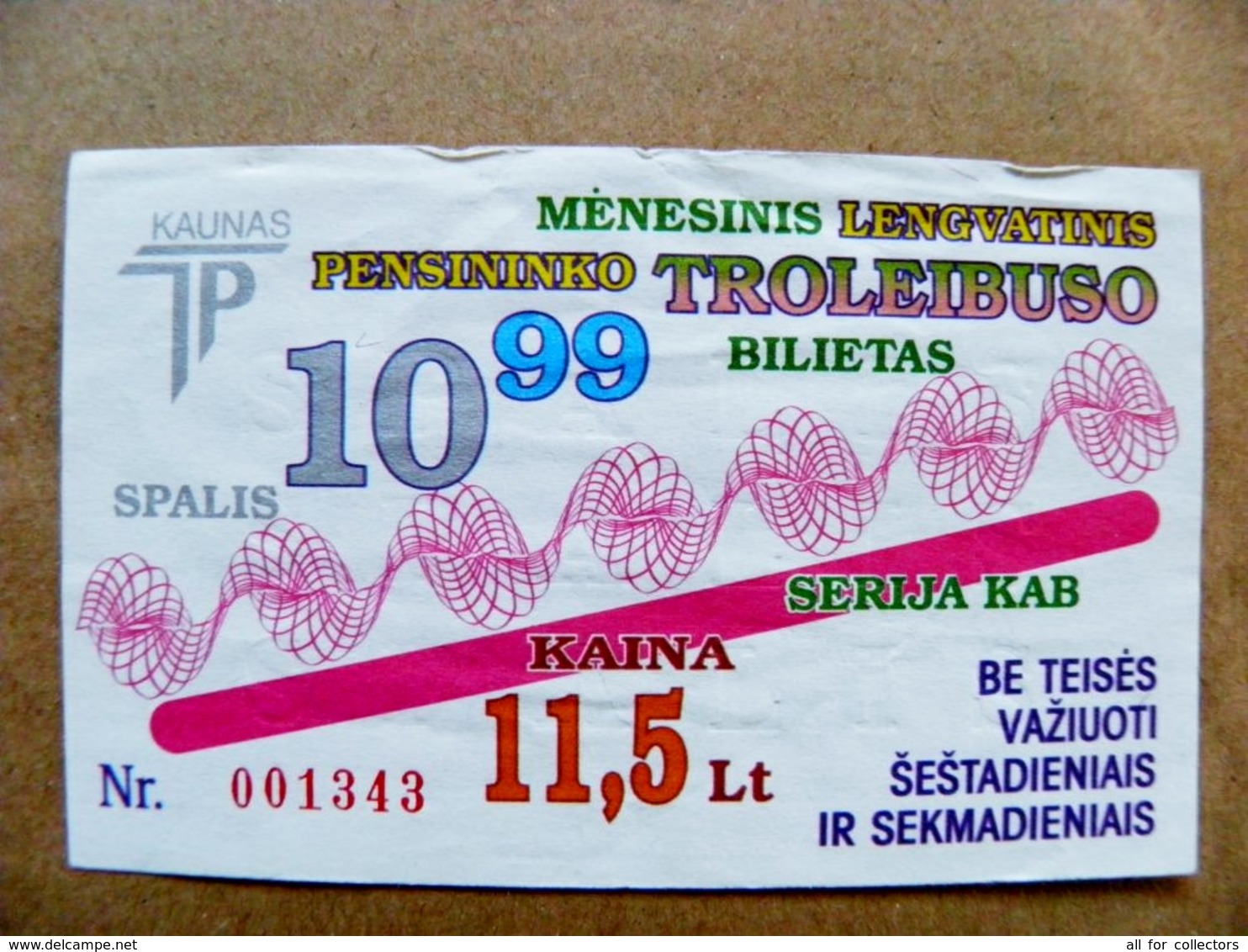 Old Transport Ticket From Lithuania Bus Monthly Ticket Kaunas City 1999 Trolley October - Europe