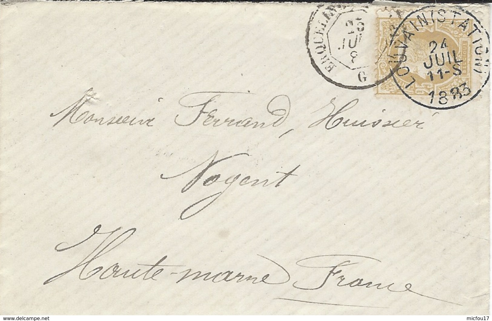 1883 - Petite Enveloppe De UCCLE  Affr. 25 C Pour Nogent ( Haute Marne )  + Ambulant Français - 1869-1883 Leopoldo II