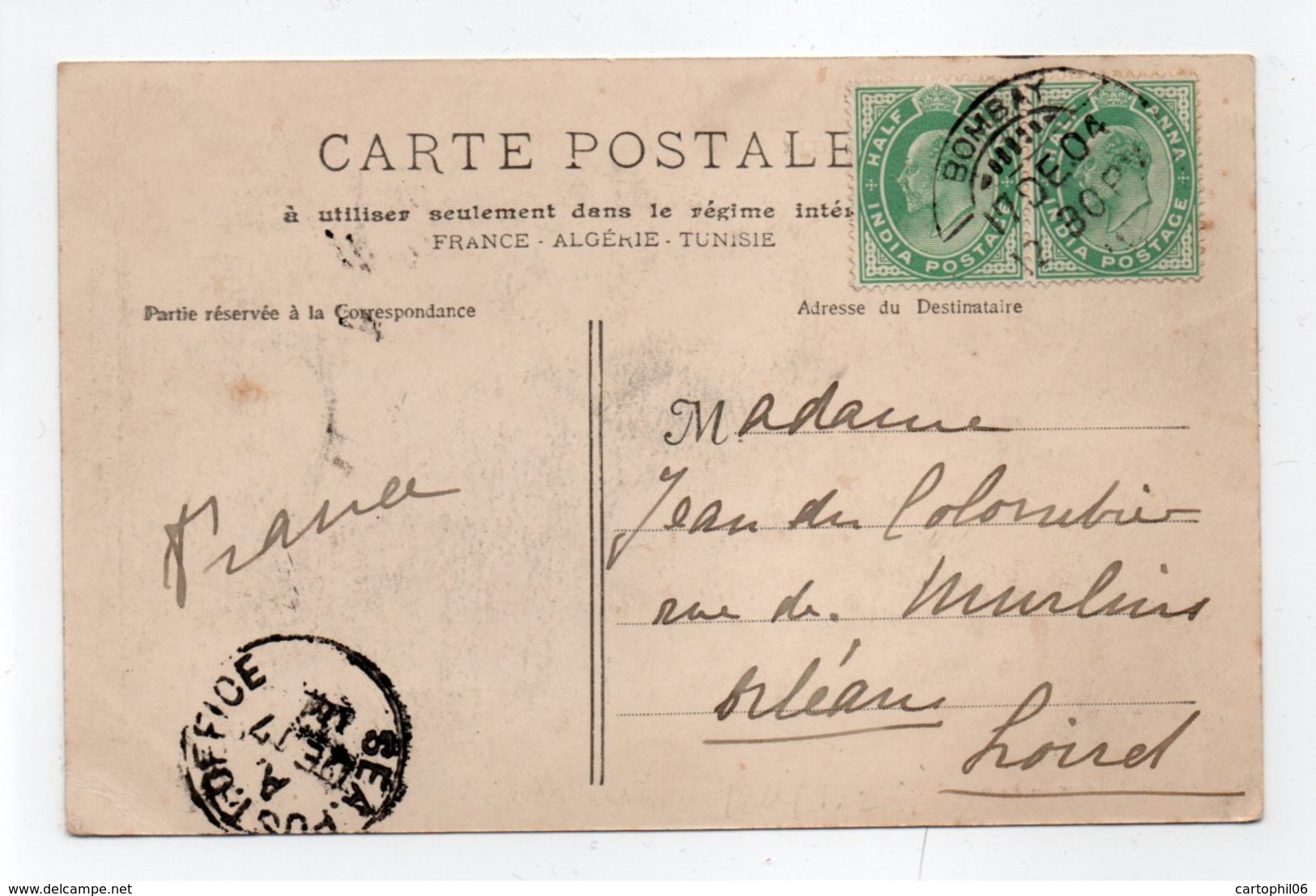 - Carte Postale BOMBAY (Inde Anglaise) Pour ORLÉANS (France / Loiret) 17.12.1904 - Vue De Marseille - - 1902-11 King Edward VII