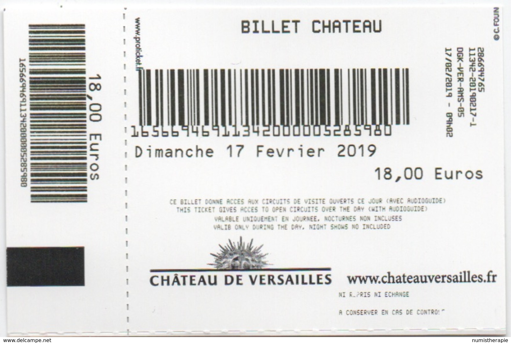 Ticket D'Entrée : Château De Versailles : 17 Février 2019 : 18,00 Euros - Tickets D'entrée