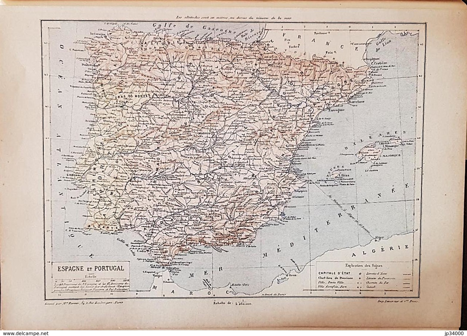 CARTE GEOGRAPHIQUE ANCIENNE: ESPAGNE PORTUGAL (garantie Authentique. Epoque 19 ème Siècle) - Cartes Géographiques