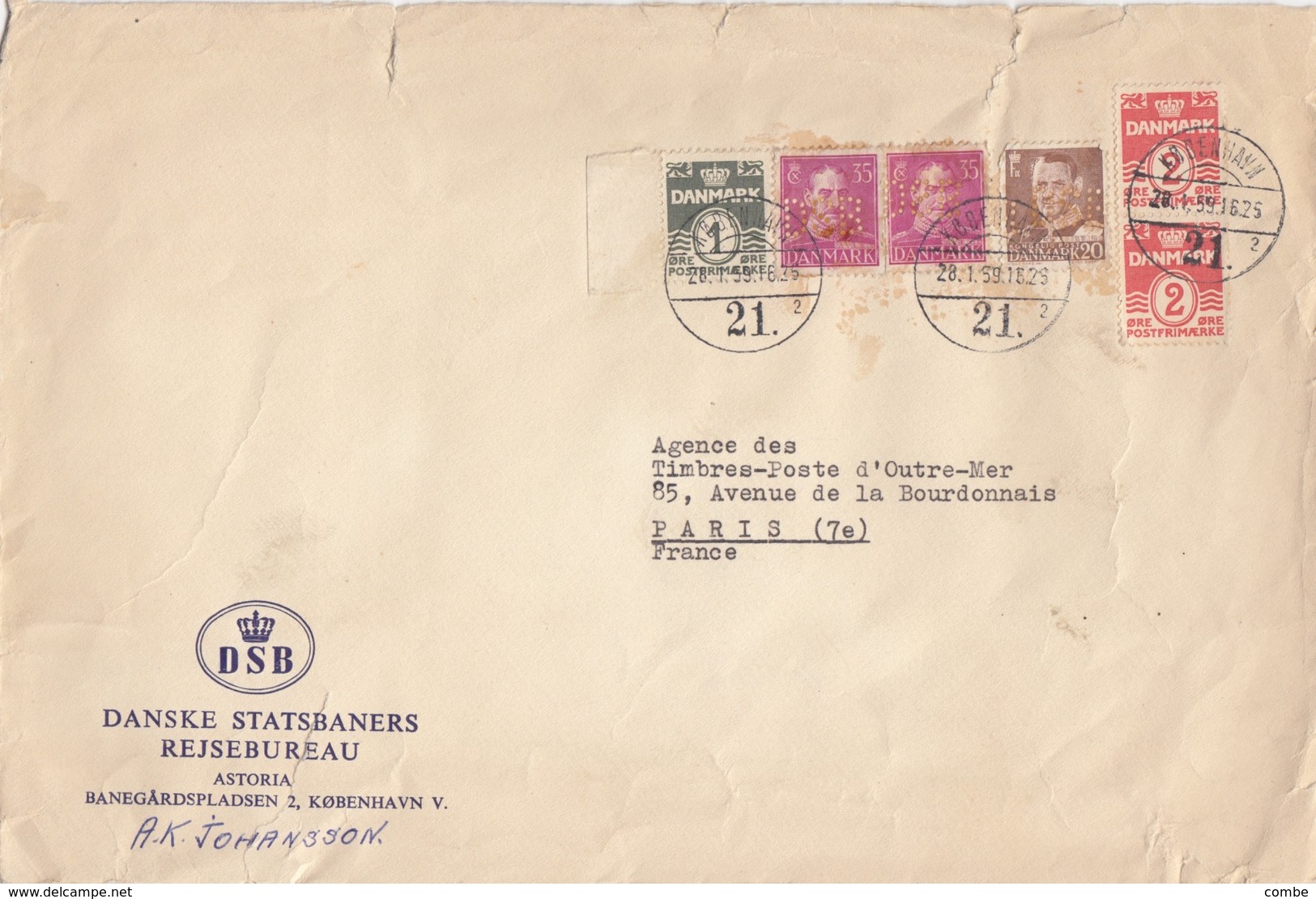 DANMARK COVER. 28 1 59. PERFIN. DSB. DANSKE STATSBANERS REJSEBUREAU TO PARIS         / 6000 - Lettres & Documents