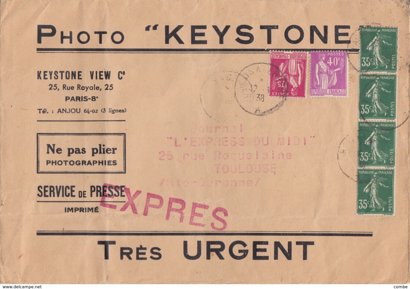 FRANCE COVER. 1938. EXPRES. PHOTO KEYSTONE. PARIS TO TOULOUSE         / 6000 - Autres & Non Classés