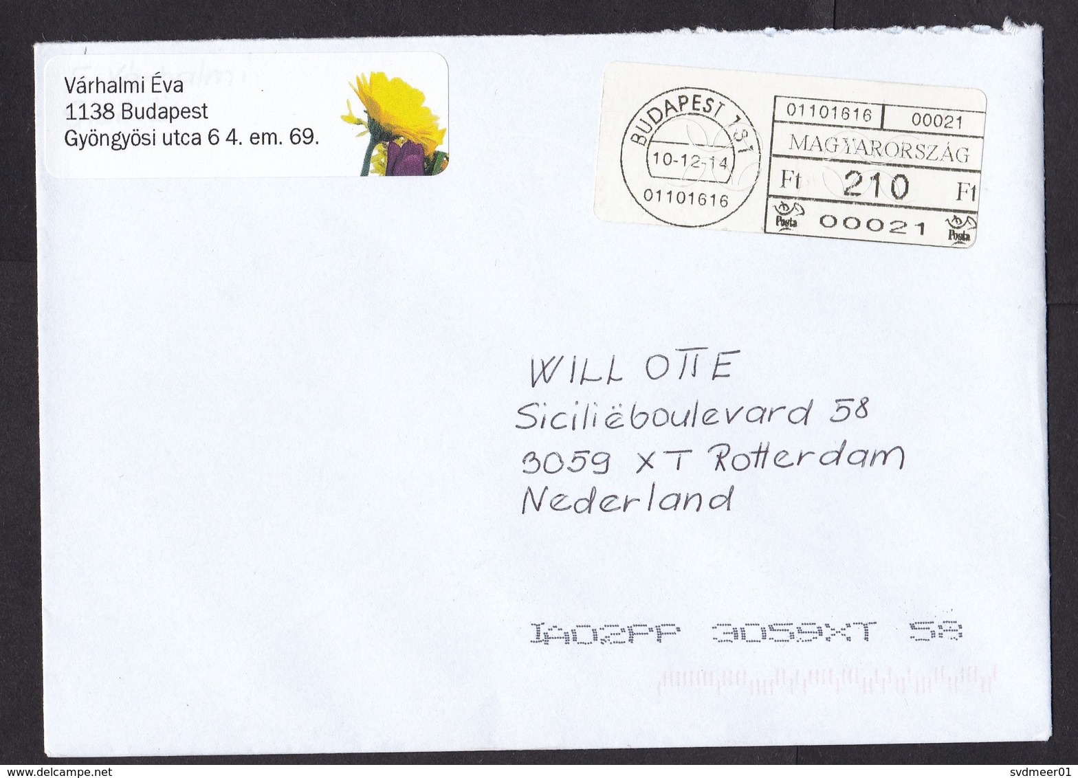 Hungary: Cover To Netherlands, 2014, ATM Machine Label (traces Of Use) - Cartas & Documentos