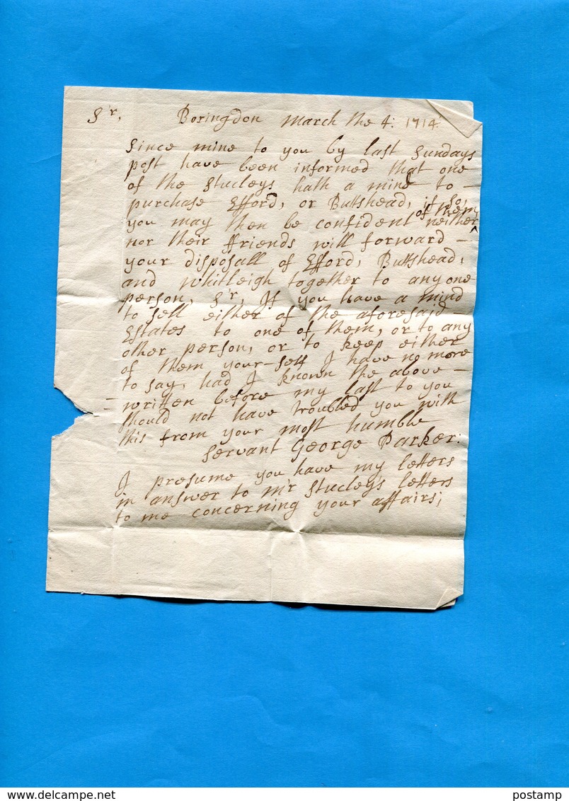 Grande Bretagne-OLD LETTER -1714 Cachet De Cire Au Dos +cachet  Rond 7  V R- Ob Linéaire??document Entier - Marcophilie