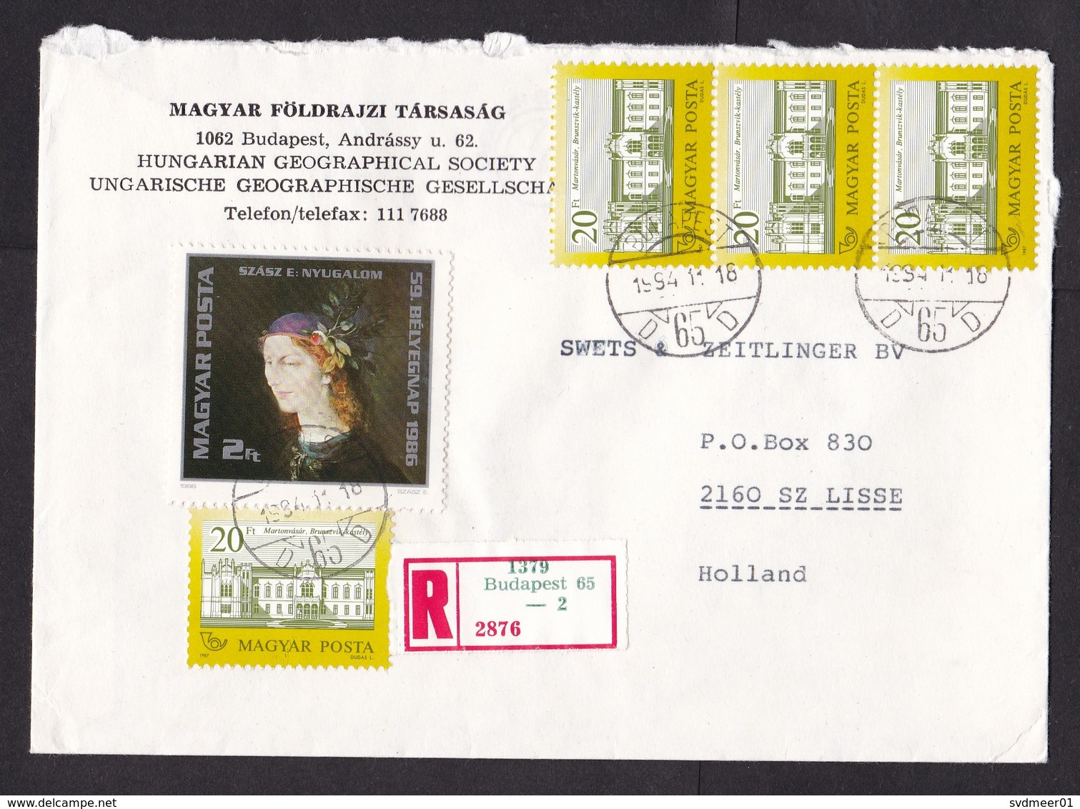 Hungary: Registered Cover To Netherlands, 1994, 5 Stamps, Painting Szasz, Art, Lady, Hat, Castle, Label (roughly Opened) - Brieven En Documenten