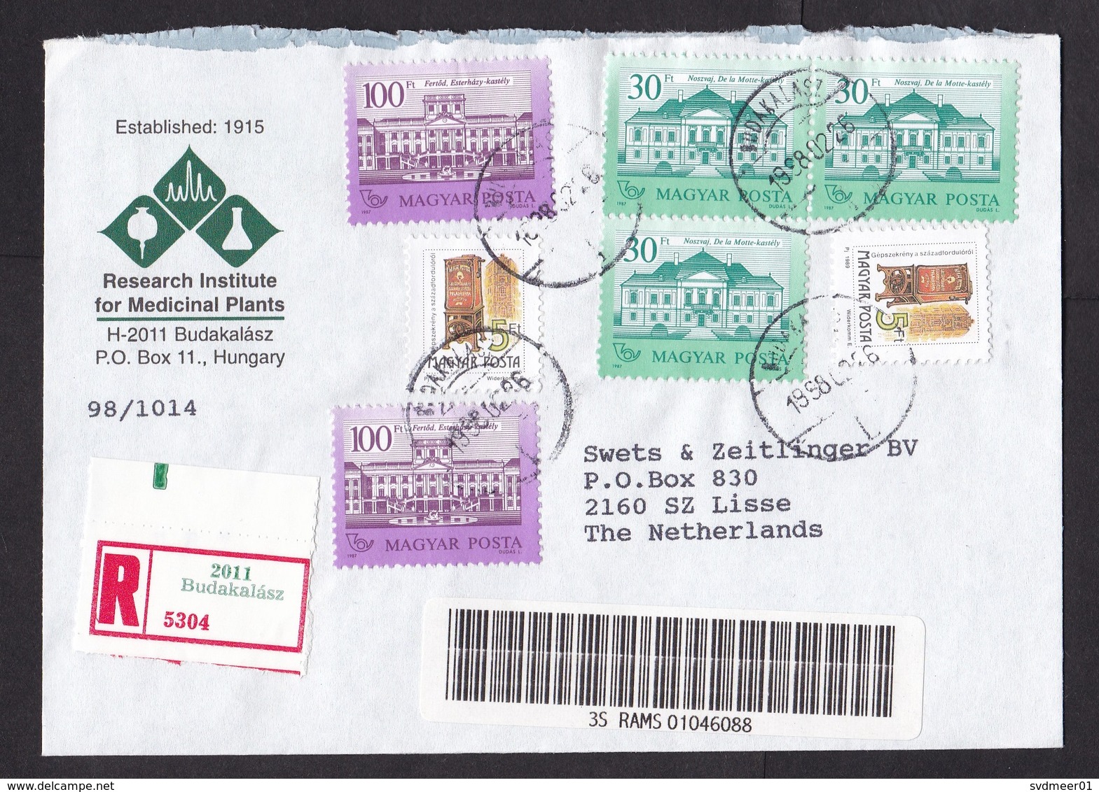 Hungary: Registered Cover To Netherlands, 1998, 7 Stamps, Letterbox, Castle, R-label Budakalasz (roughly Opened) - Brieven En Documenten