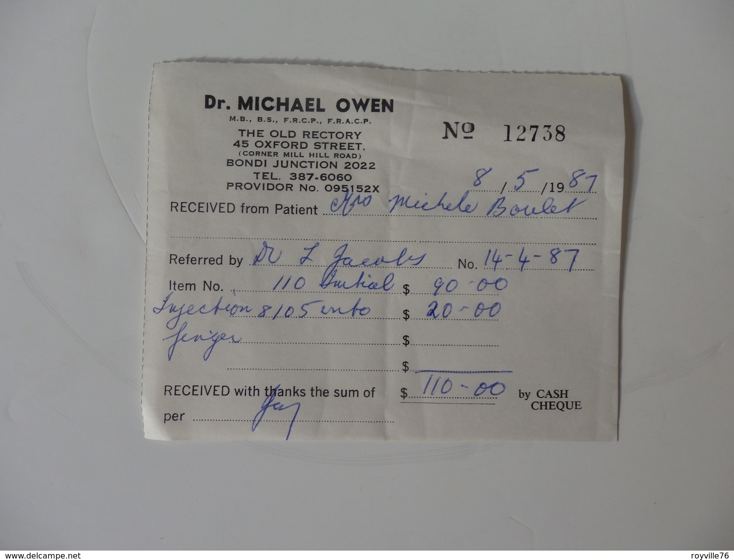 Facture Du Docteur Mickael Owen 45, Oxford Street Bondi Junction 2022 Australia. - Australië