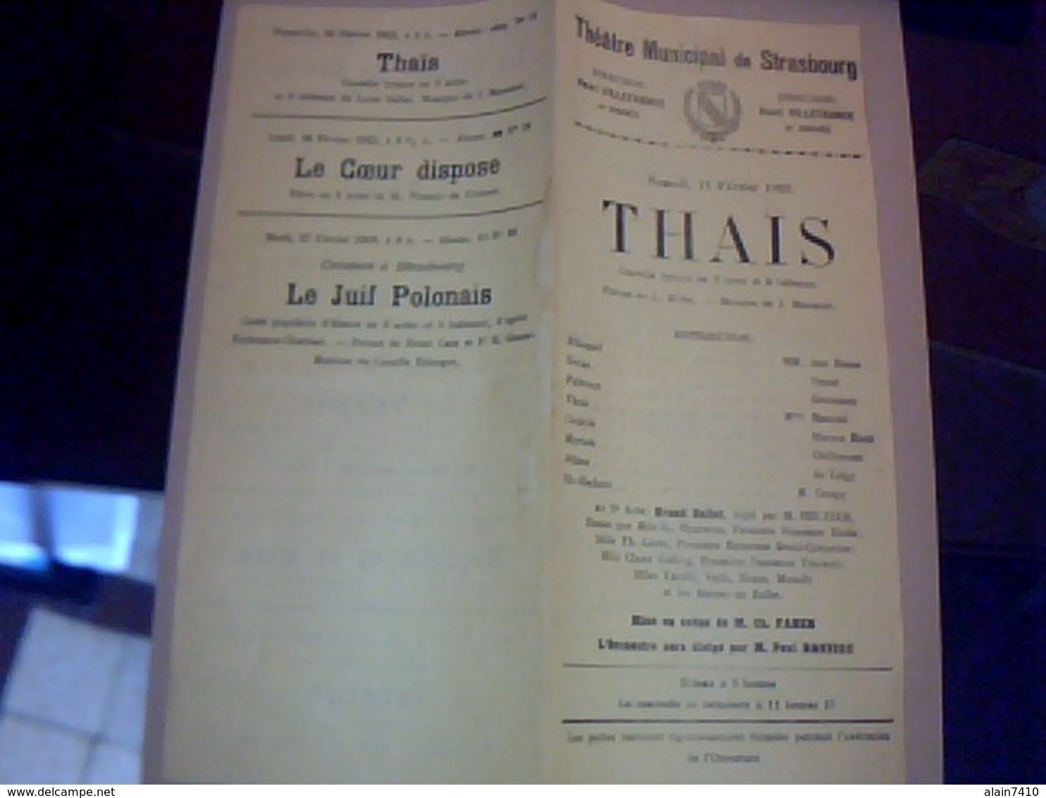 PROGRAMME THEATRE  MUNICIPAL DE  STRASBOUrG PIECE THEATRALE THAIS Annèe 1923 /2 PAGES - Programmes