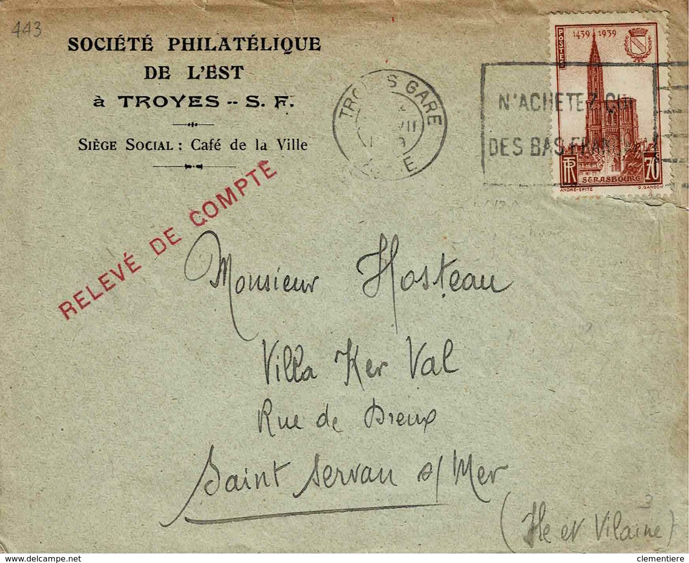 TP N° 448 Seul Sur Enveloppe De La Sté Philatélique De Troyes Pour St Servan - Autres & Non Classés