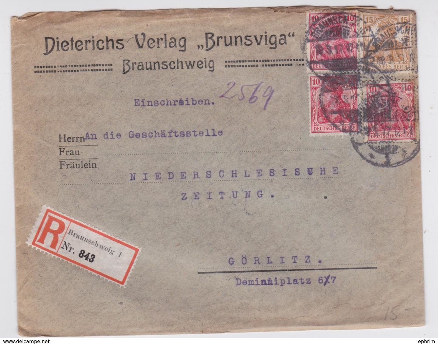 EINSCHREIBEN BRIEF BRAUNSCHWEIG BRUNSWICK DIETERICHS VERLAG BRUNSVIGA ZEITUNG GÖRLITZ 19.03.1917 - Lettres & Documents