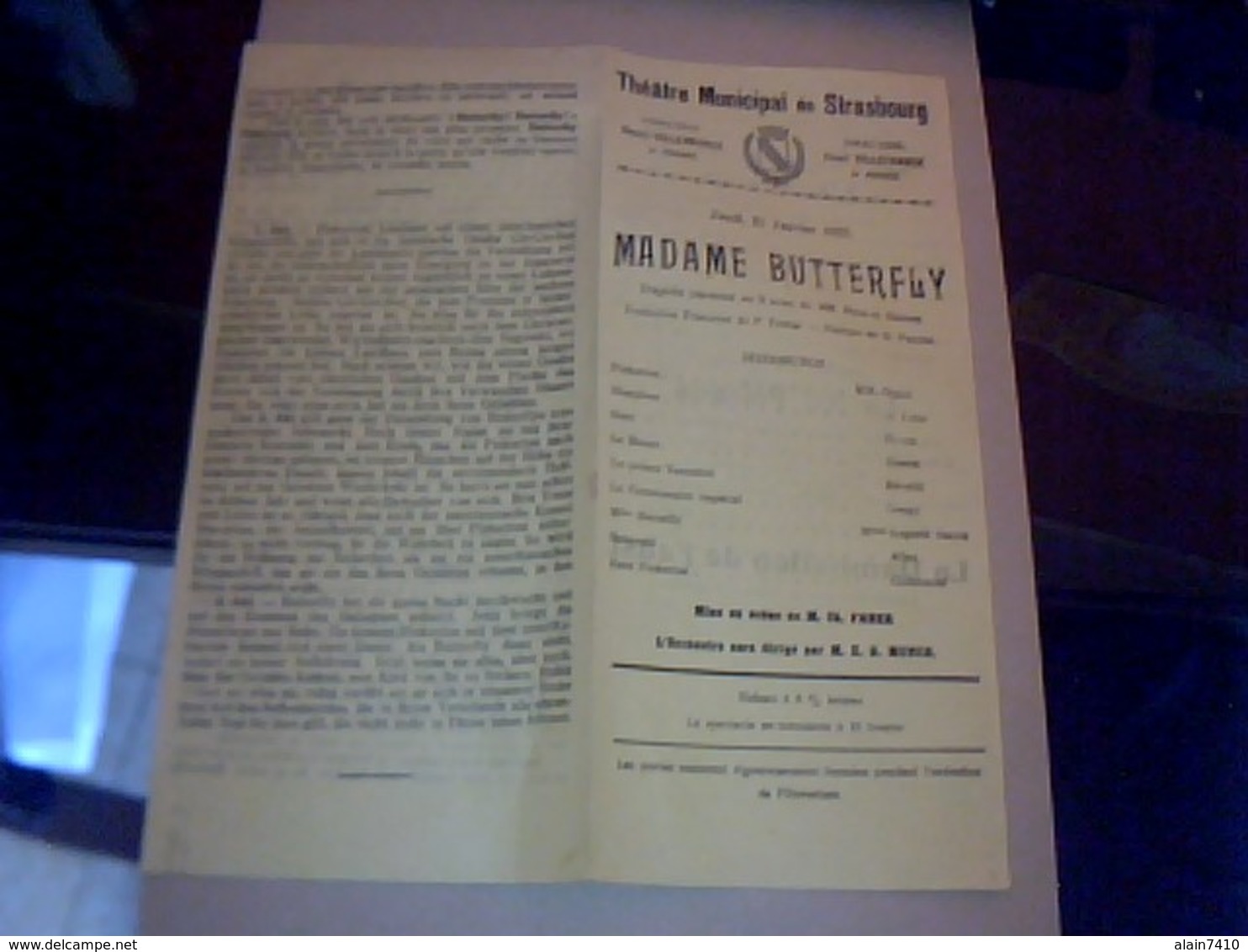 PROGRAMME THEATRE  MUNICIPAL DE  STRASBOURG PIECE THEATRALE MME BUTTERFLY  Annèe 1923 /2 PAGES - Programmes