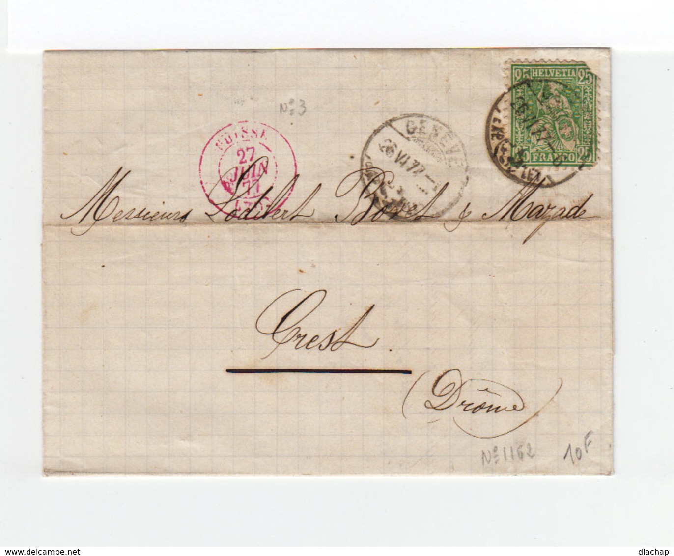 Sur Pli AC Helvetia Assise 25 C. Vert. CAD Genève 1877. Cachet Rouge Ambulant Suisse. CAD Lyon. (1091x) - Marcophilie