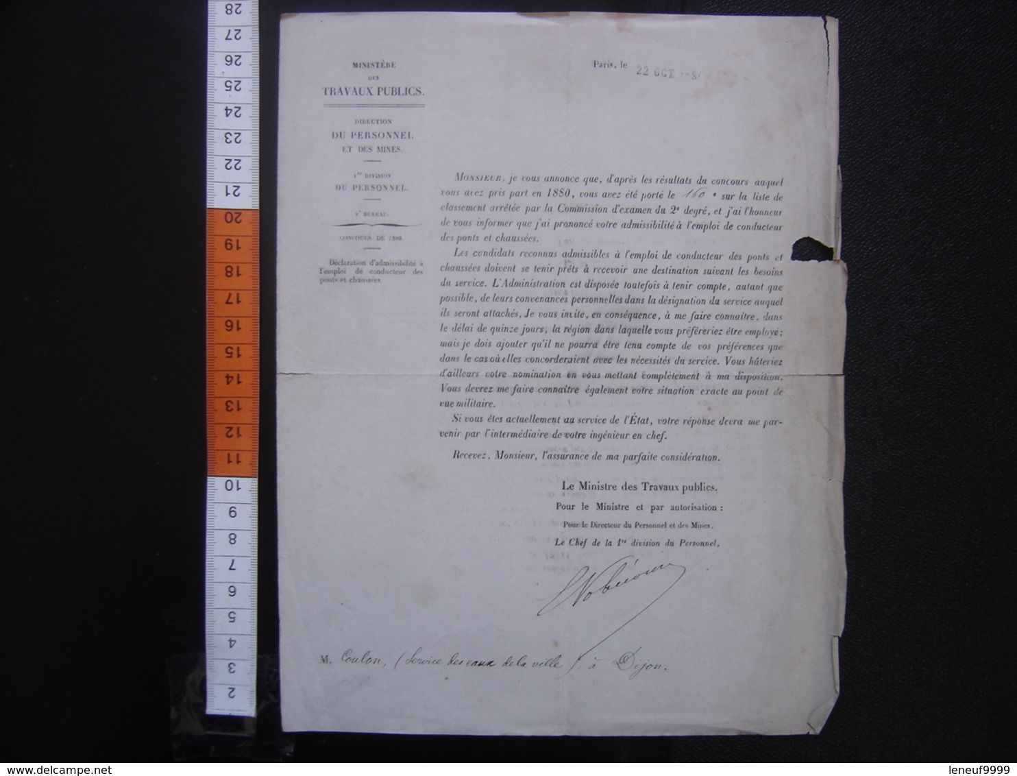 Lettre Entête Ministère Des Travaux Publics NOMINATION Ponts Chaussees 1880 - Diplômes & Bulletins Scolaires