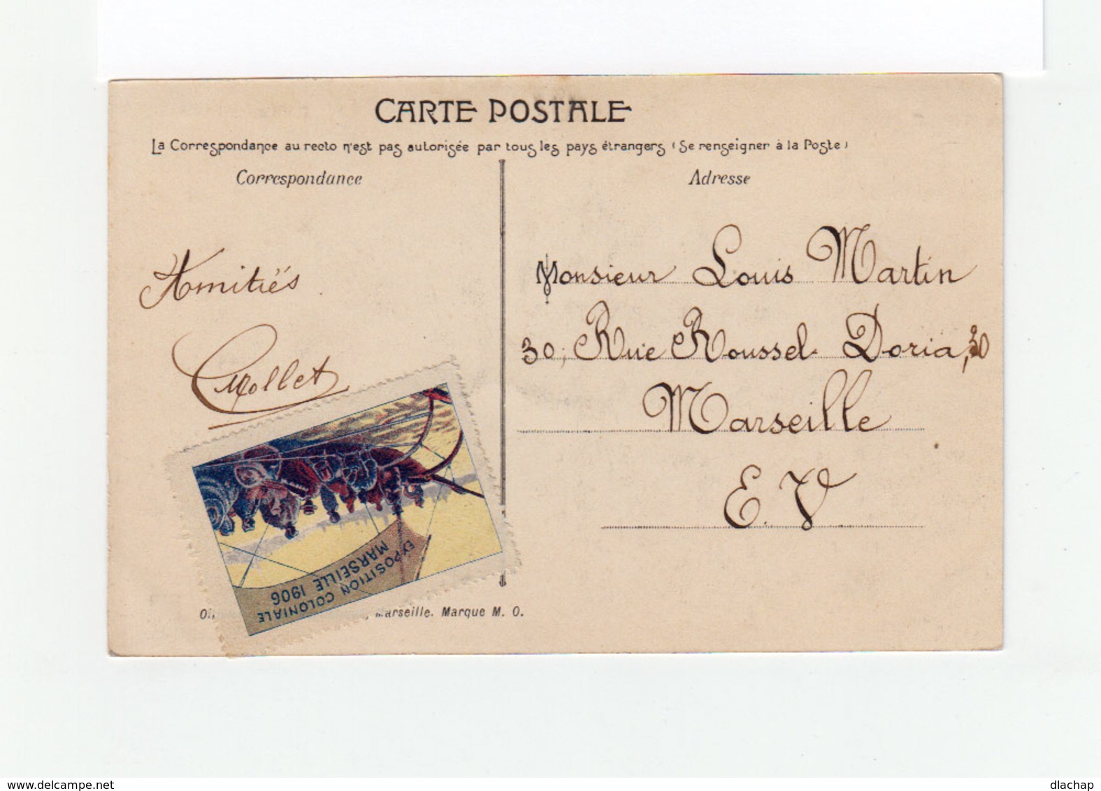 Sur Carte Postale Expo. Coloniale Type Blanc CAD Exposition Coloniale 1906. Vignette Exposition Coloniale. (1092x) - Cachets Commémoratifs