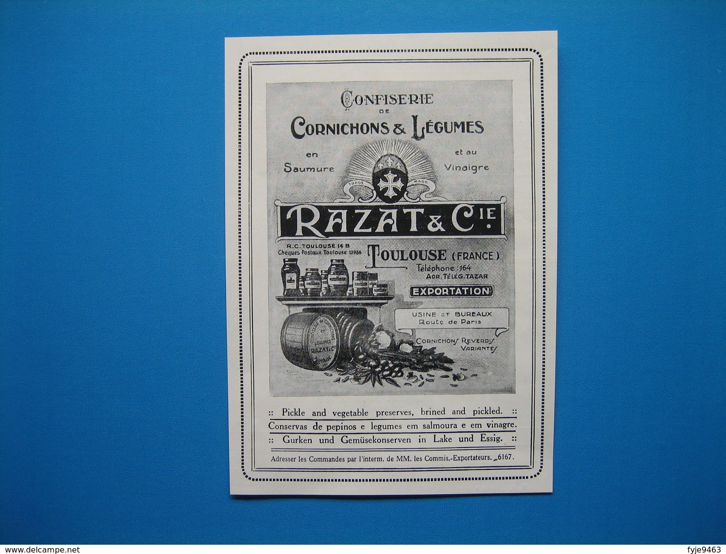 (1927) Cornichons & Légumes En Saumure Et Au Vinaigre - RAZAT & Cie - Route De Paris à Toulouse - Non Classés