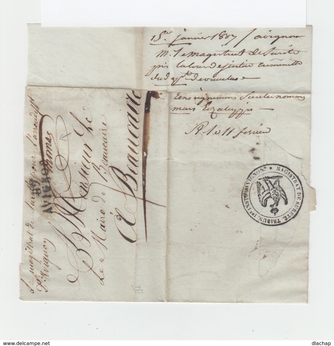 Sur Lettre Cachet Linéaire 89 Avignon Pour Beaucaire. Cachet Magistrat De Sureté Trib. Ière Inst. Avignon. Taxe. (1095) - 1801-1848: Précurseurs XIX