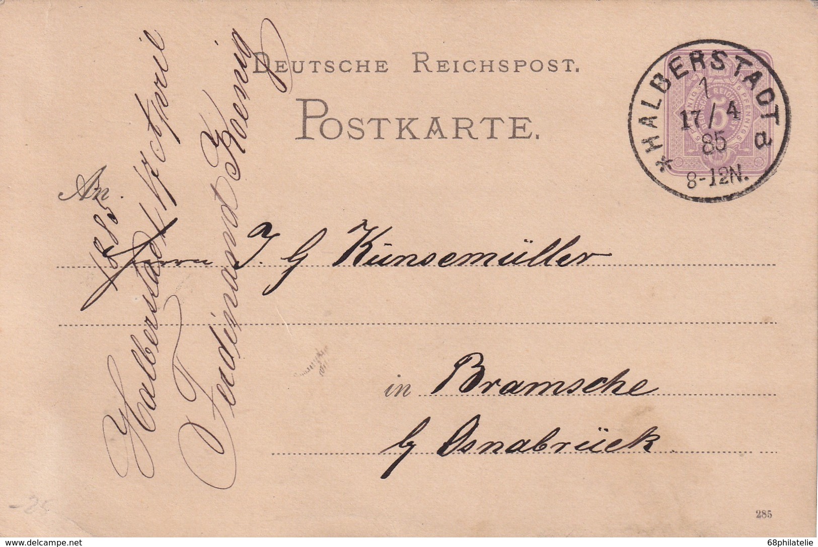 ALLEMAGNE 1885 ENTIER POSTAL/GANZSACHE/POSTAL STATIONERY CARTE DE HALBEERSTADT - Autres & Non Classés