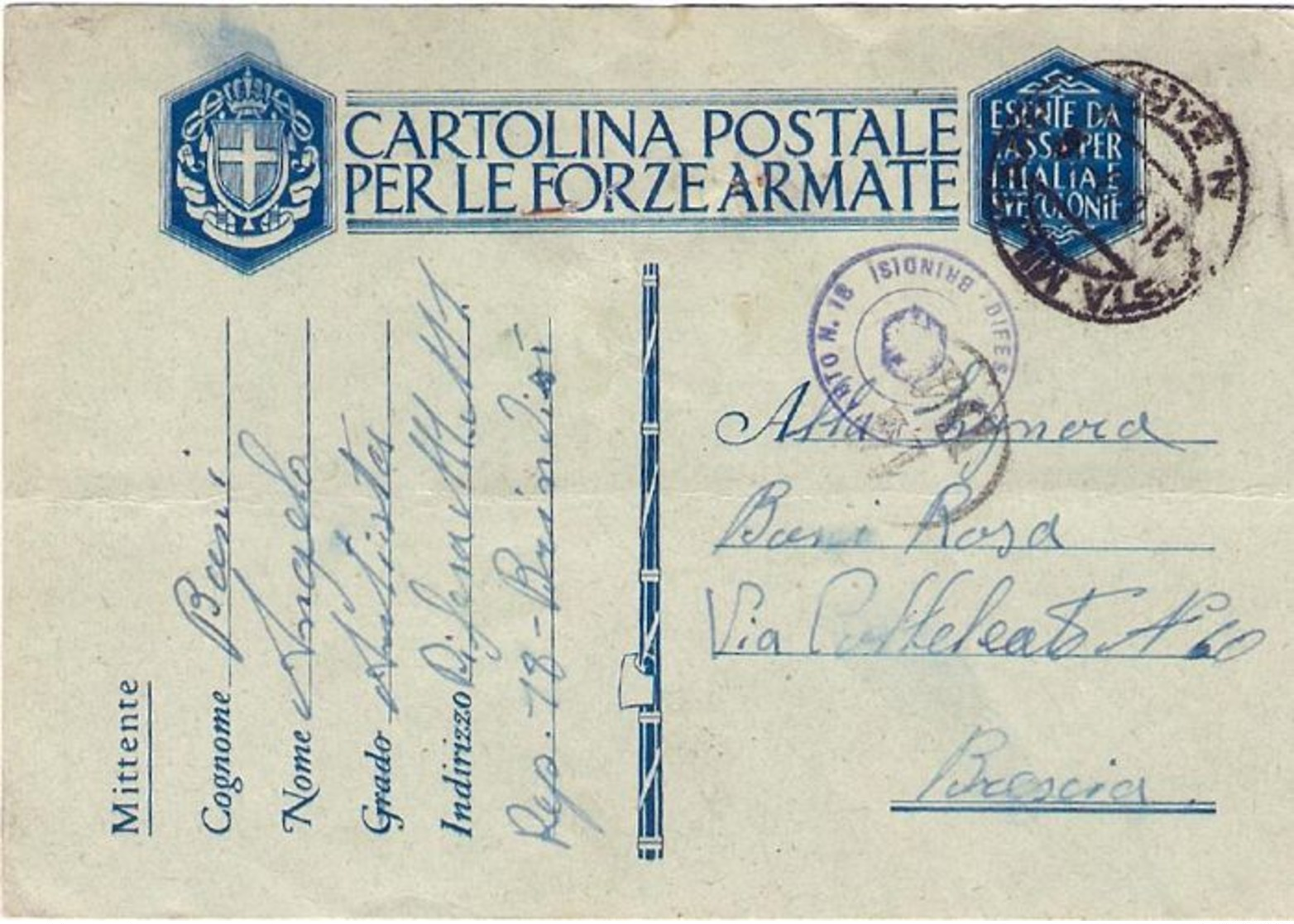 1943 DIFESA M.M. REPARTO N. 18/BRINDISI Tondo Bluastro Su Cartolina Franchigia - Niger (1960-...)