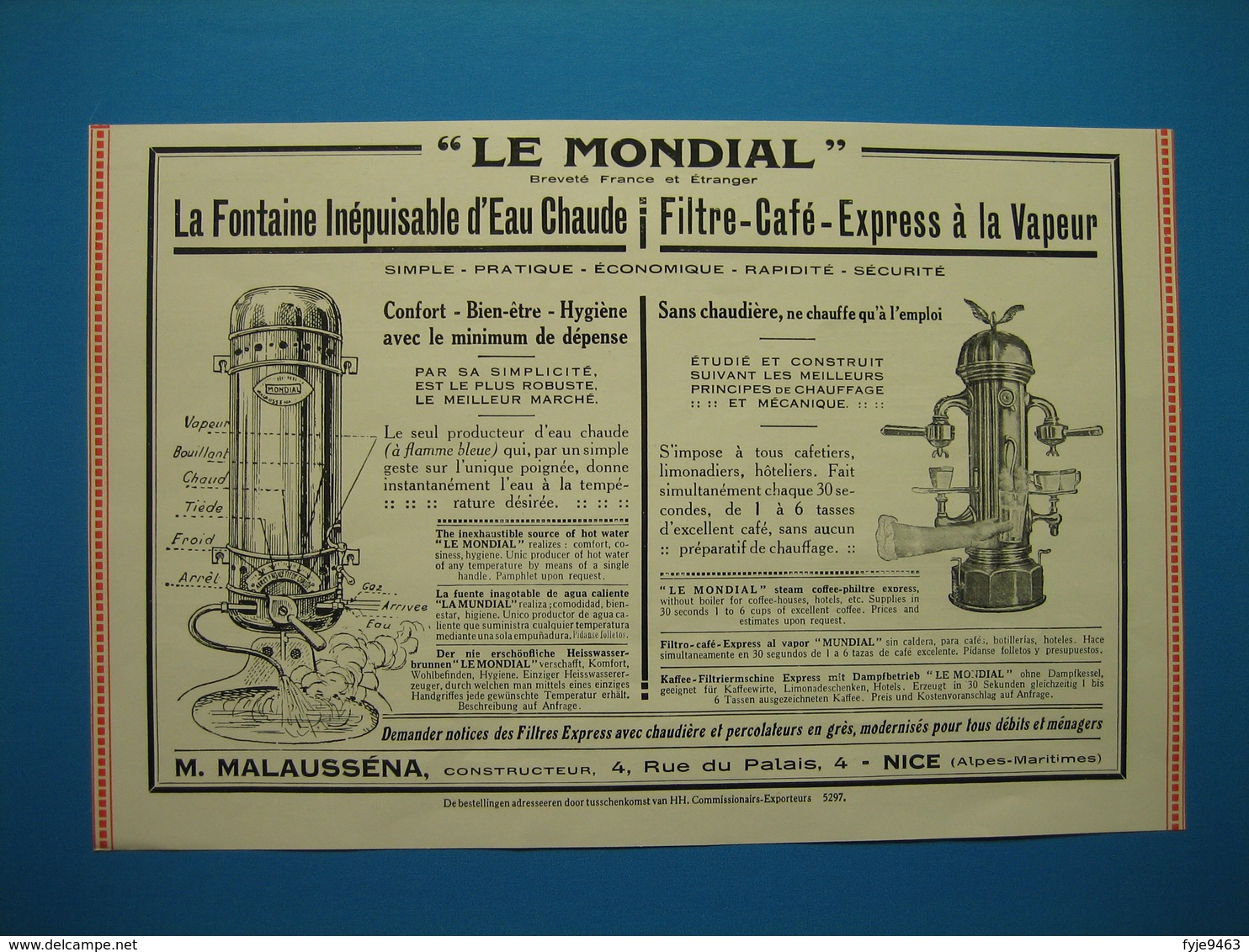 (1927) Fontaine Eau Chaude M.MALAUSSÉNA à Nice -- Articles Ménage : É. MOCCETTI à Belleville/Saône & FAMO à Bourtzwiller - Non Classés