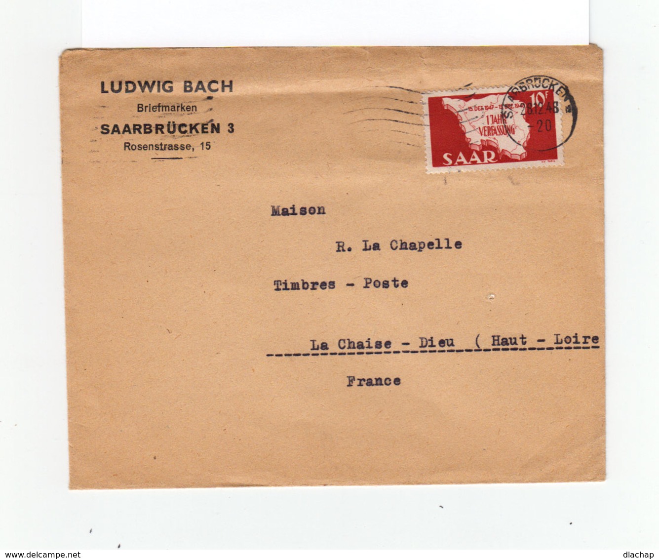 Sur Enveloppe Timbre Saar CAD Saarbrücken 1948. Destination: France. La Chaise Dieu. (1099x) - Lettres & Documents