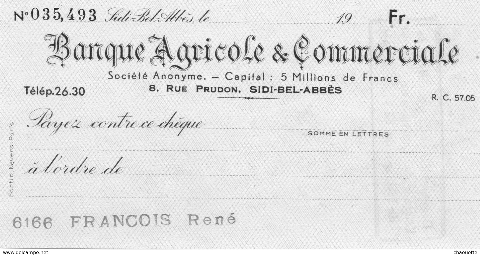 BANQUE AGRICOLE ET COMMERCE....SIDI-BEL-ABBES   ALGERIE..... - Cheques & Traveler's Cheques