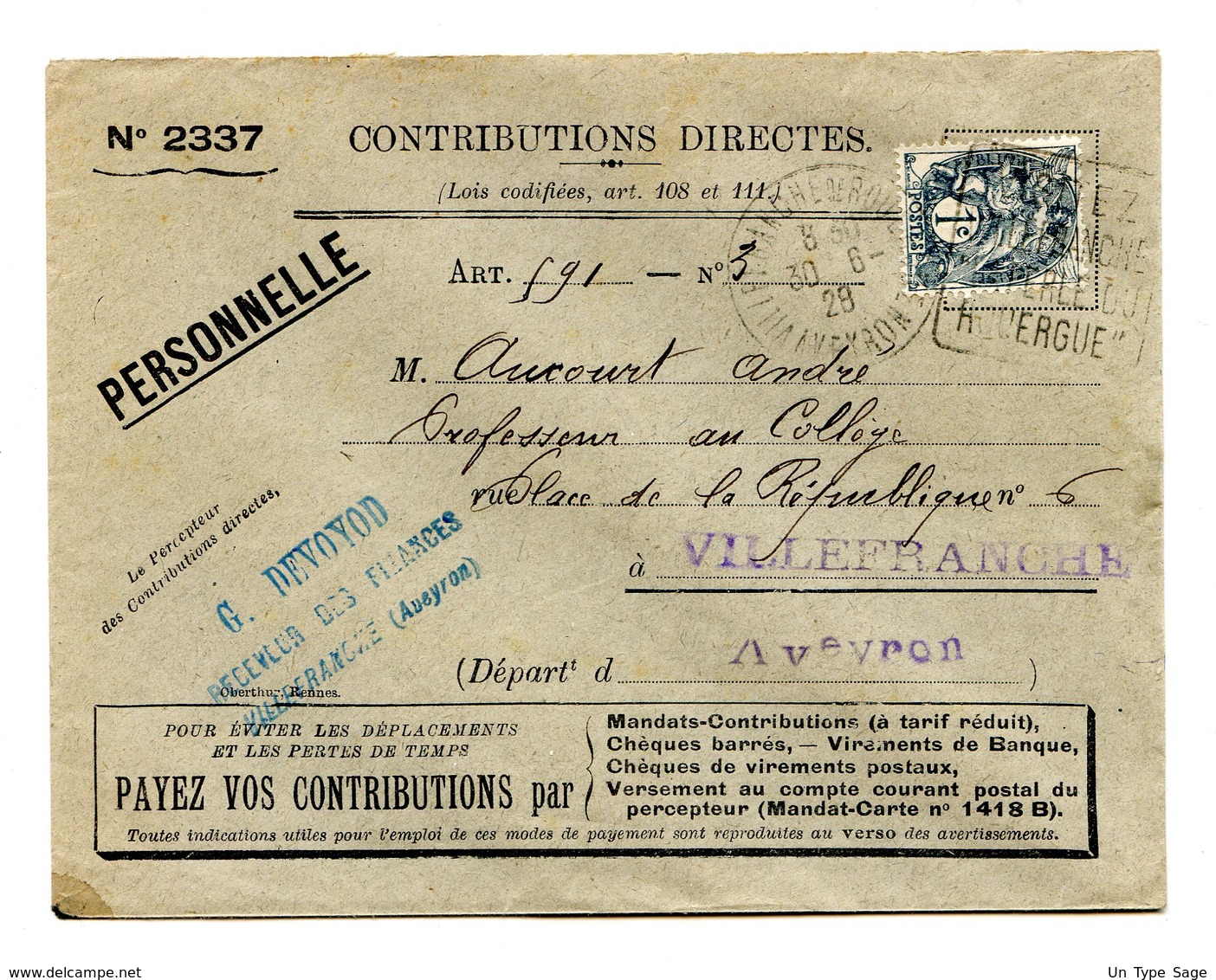 France, Type Blanc N°107 Sur Enveloppe Des Contributions Directes (1928 - Usage Tardif) - (B2118) - 1877-1920: Période Semi Moderne