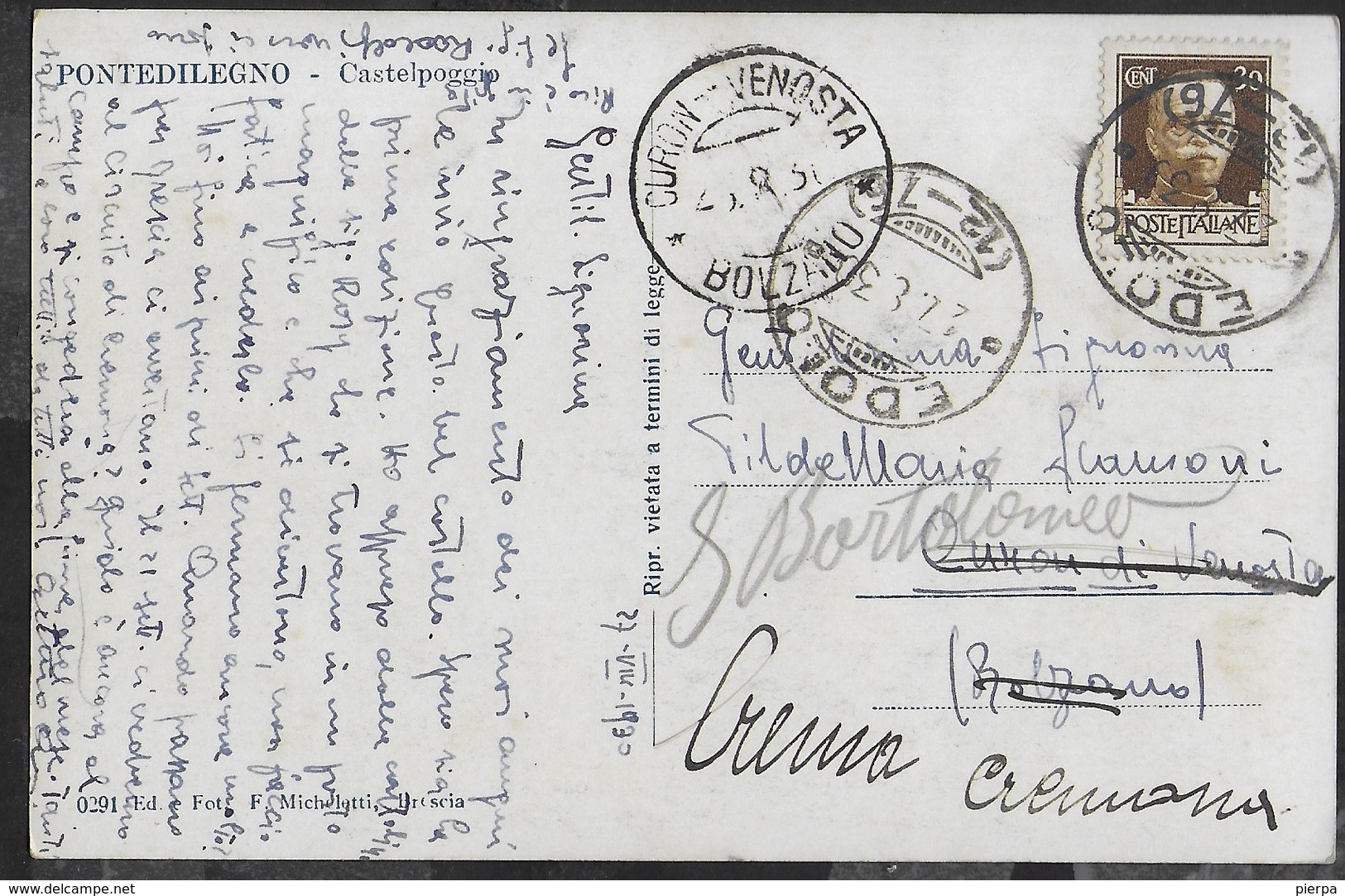 STORIA POSTALE REGNO - ANNULLO FRAZIONARIO EDOLO 12-76 SU CARTOLINA PER CURON-VENOSTA/BOLZANO 27.08.1930 - Storia Postale